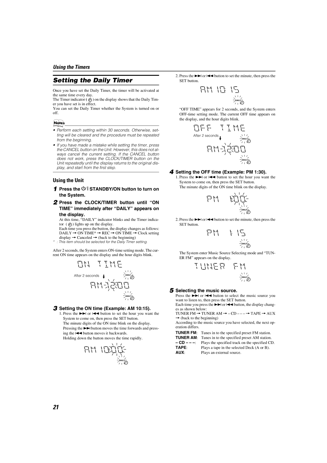 JVC MX-K30 manual Setting the Daily Timer, Setting the on time Example AM, Setting the OFF time Example PM 