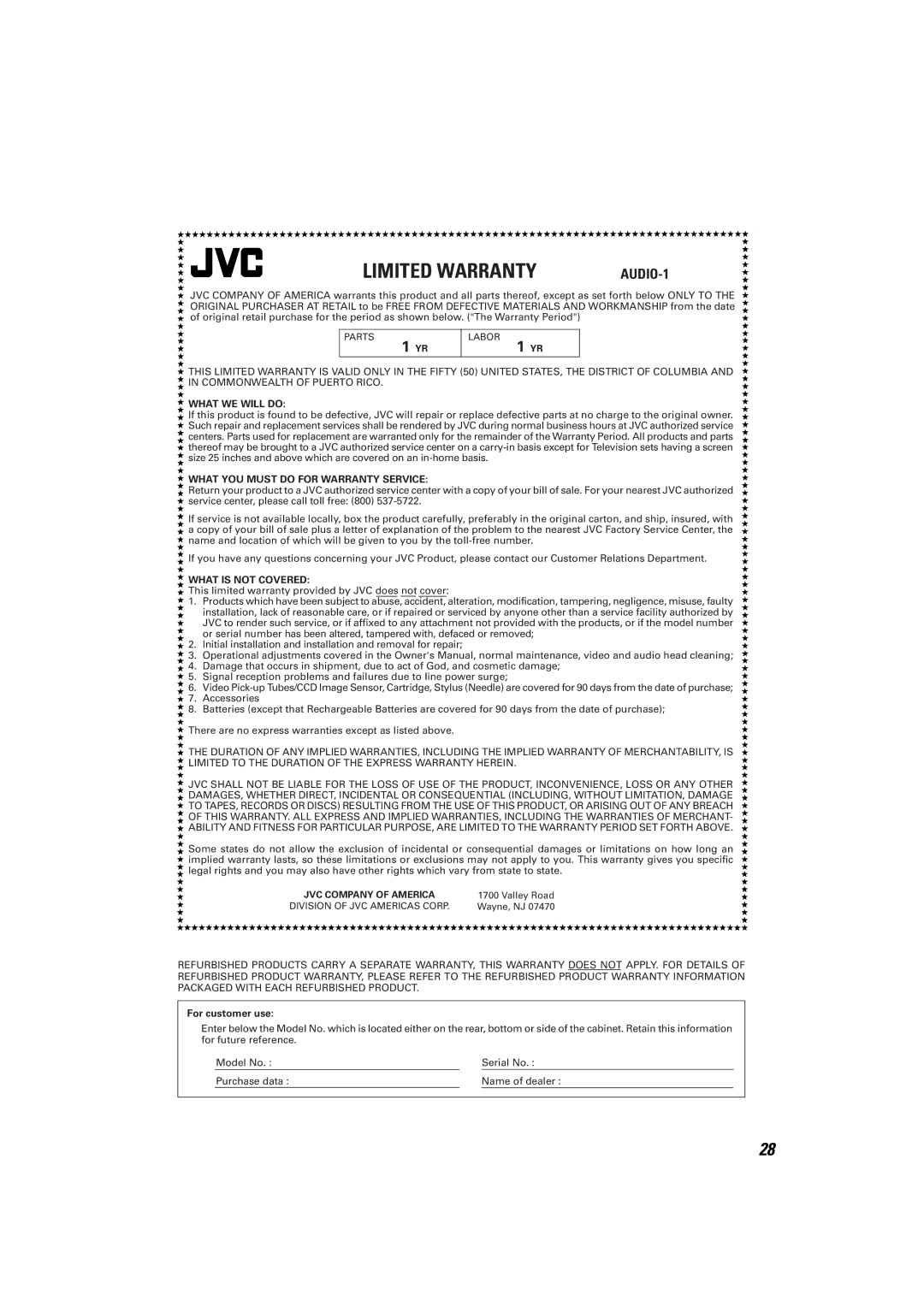 JVC MX-K30 manual Limited Warranty 