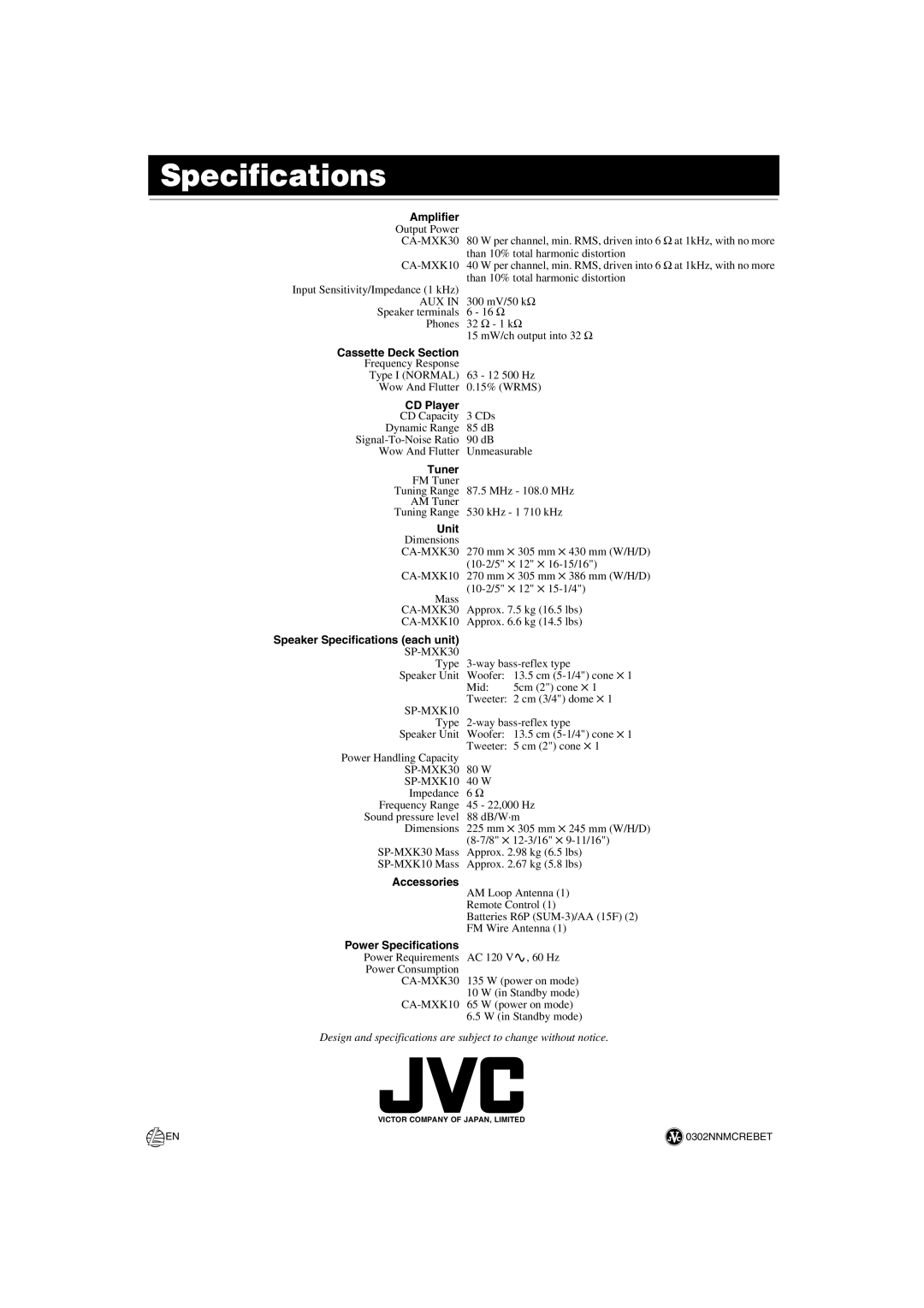 JVC MX-K30 manual Specifications 