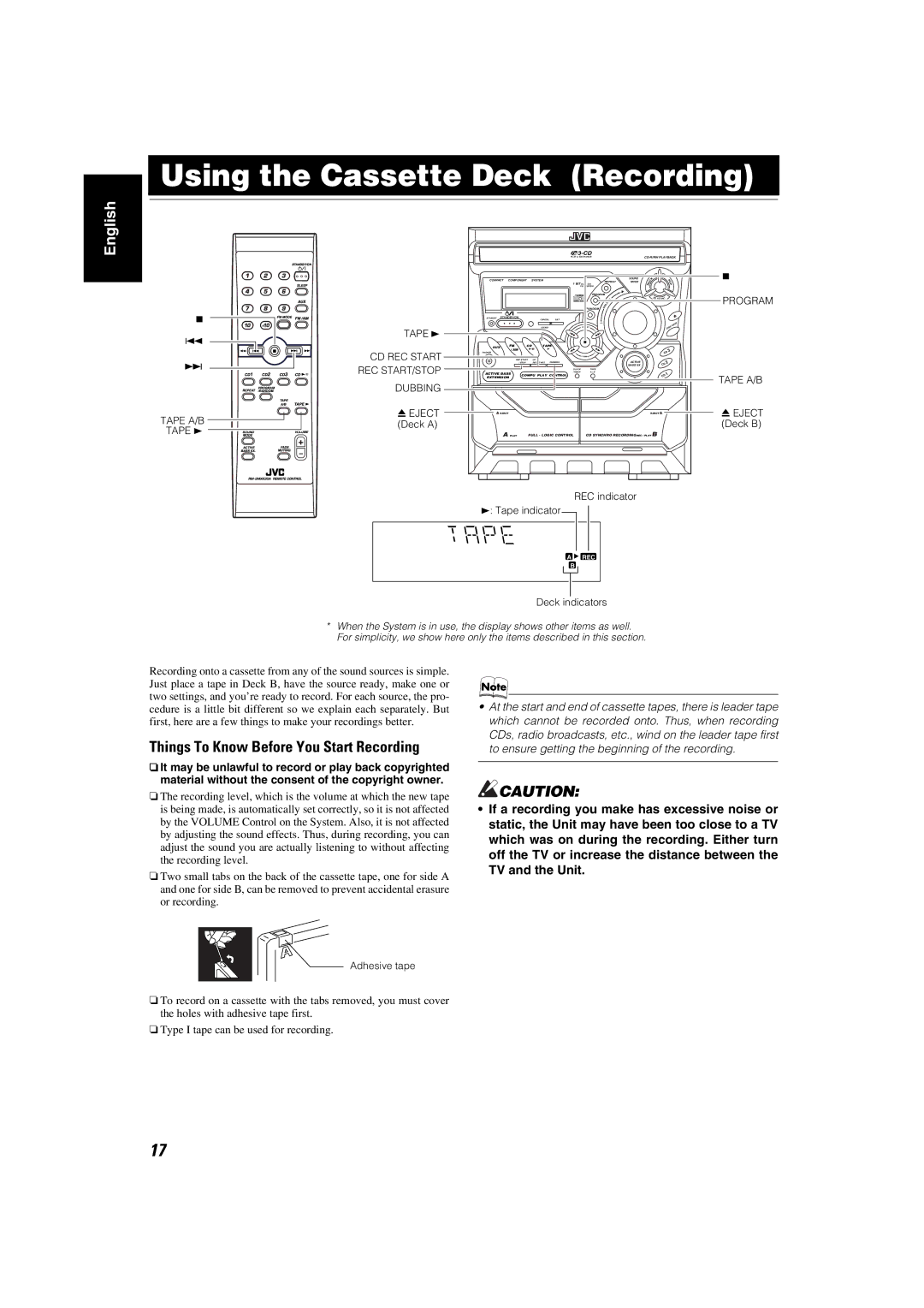 JVC MX-K30 manual Using the Cassette Deck Recording 