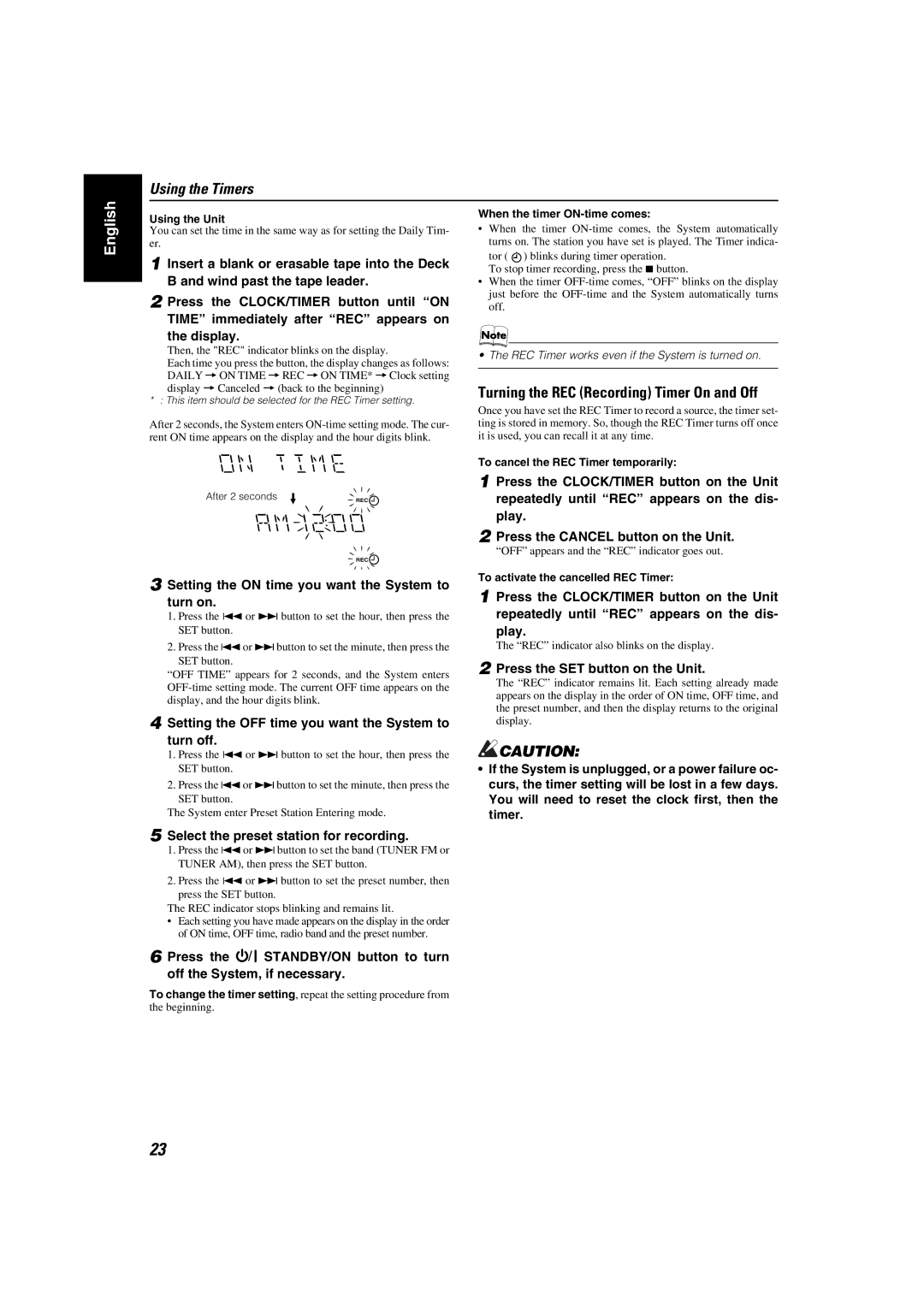 JVC MX-K30 manual Turning the REC Recording Timer On and Off 