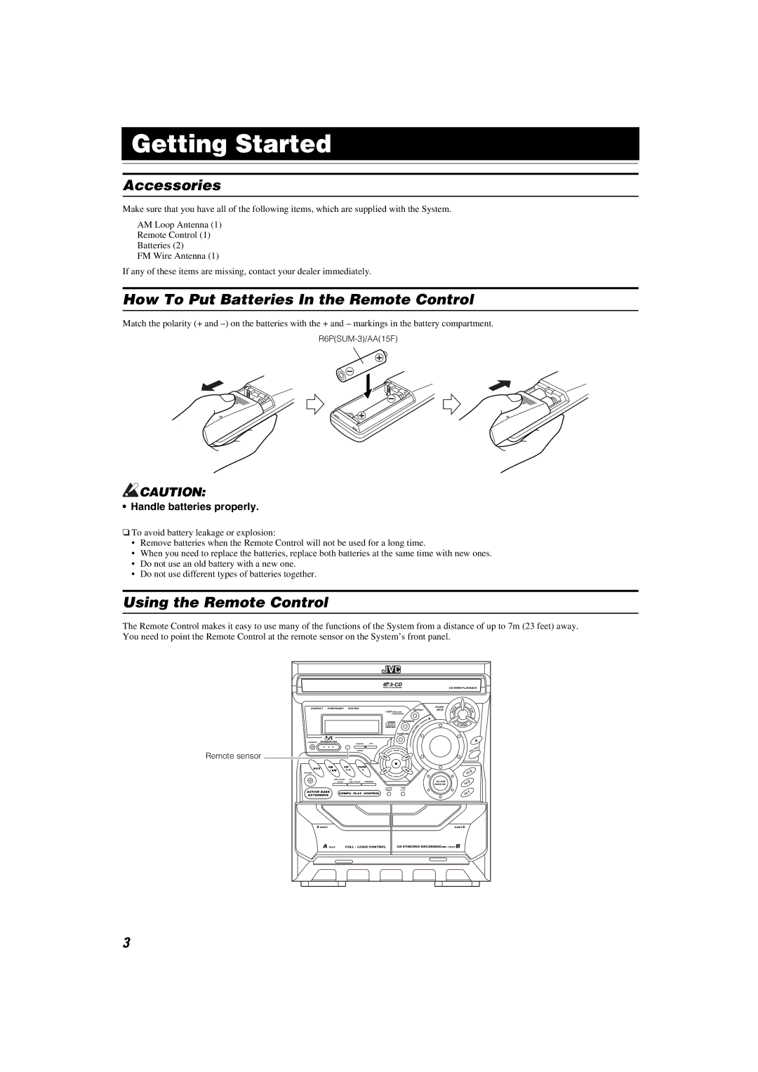 JVC MX-K30 manual Getting Started, Accessories, How To Put Batteries In the Remote Control, Using the Remote Control 