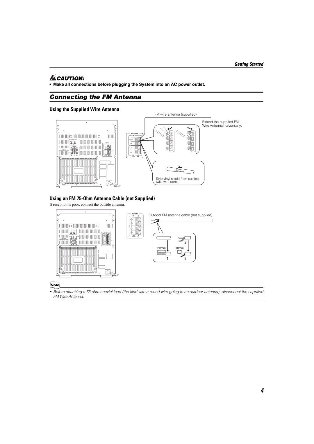 JVC MX-K30 manual Connecting the FM Antenna, Using the Supplied Wire Antenna, Using an FM 75-Ohm Antenna Cable not Supplied 