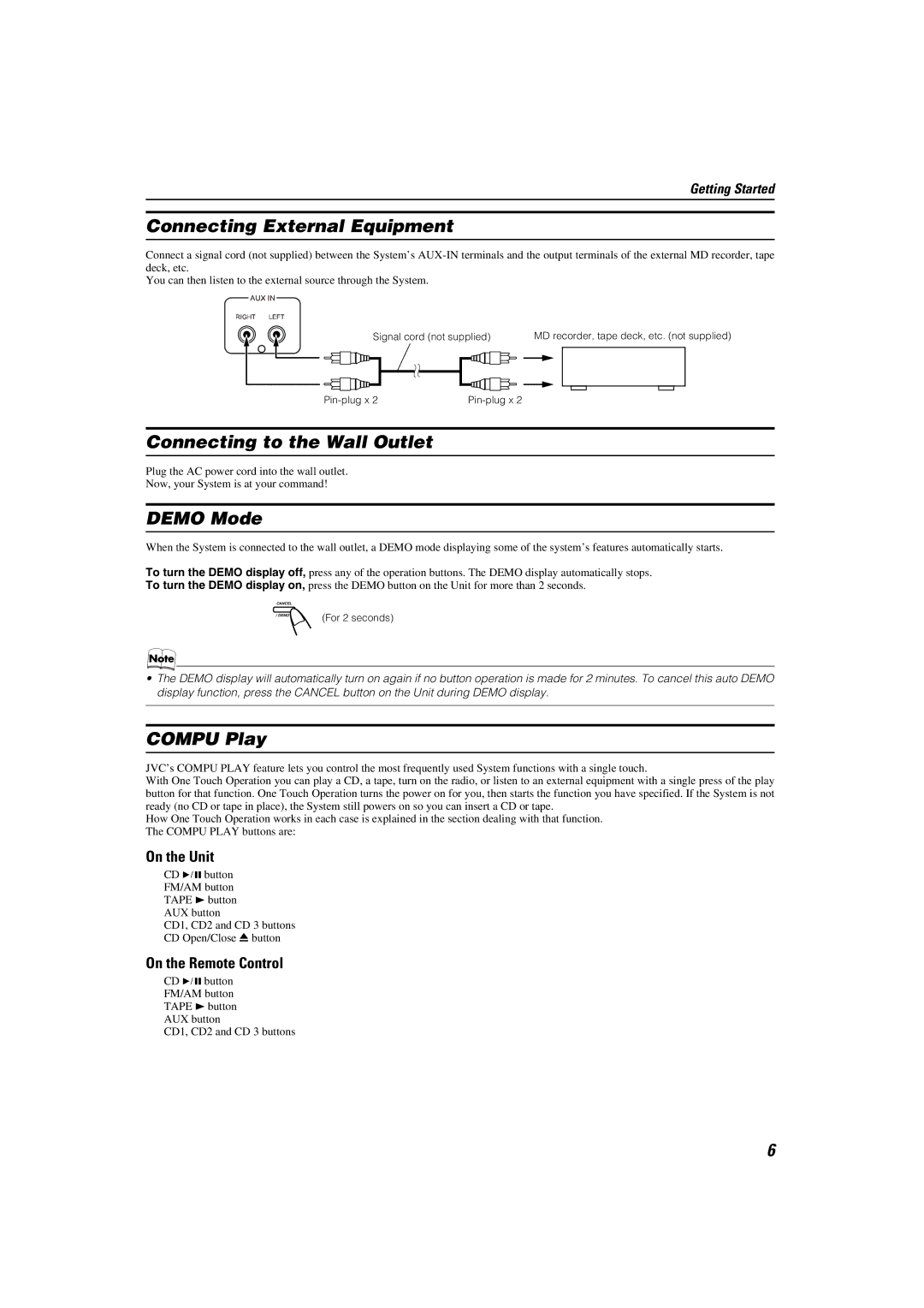 JVC MX-K30 manual Connecting External Equipment, Connecting to the Wall Outlet, Demo Mode, Compu Play 