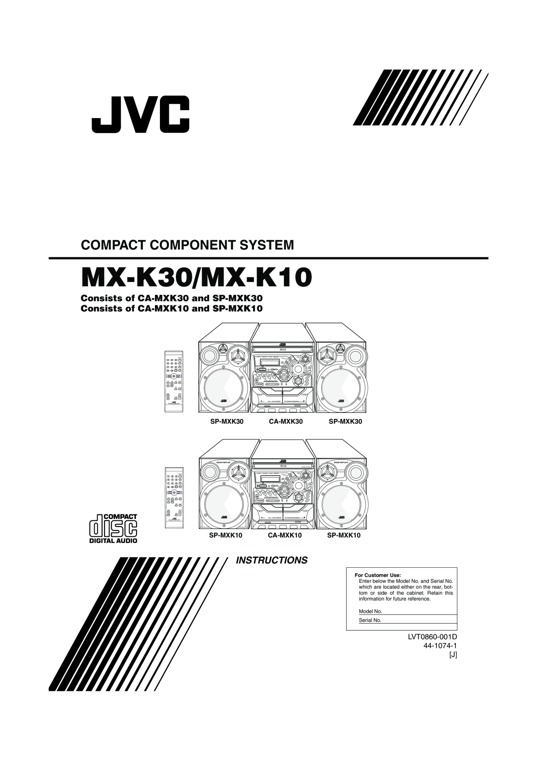 JVC manual MX-K30/MX-K10, Compact Component System, Instructions, SP-MXK30, SP-MXK10 CA-MXK10, For Customer Use 