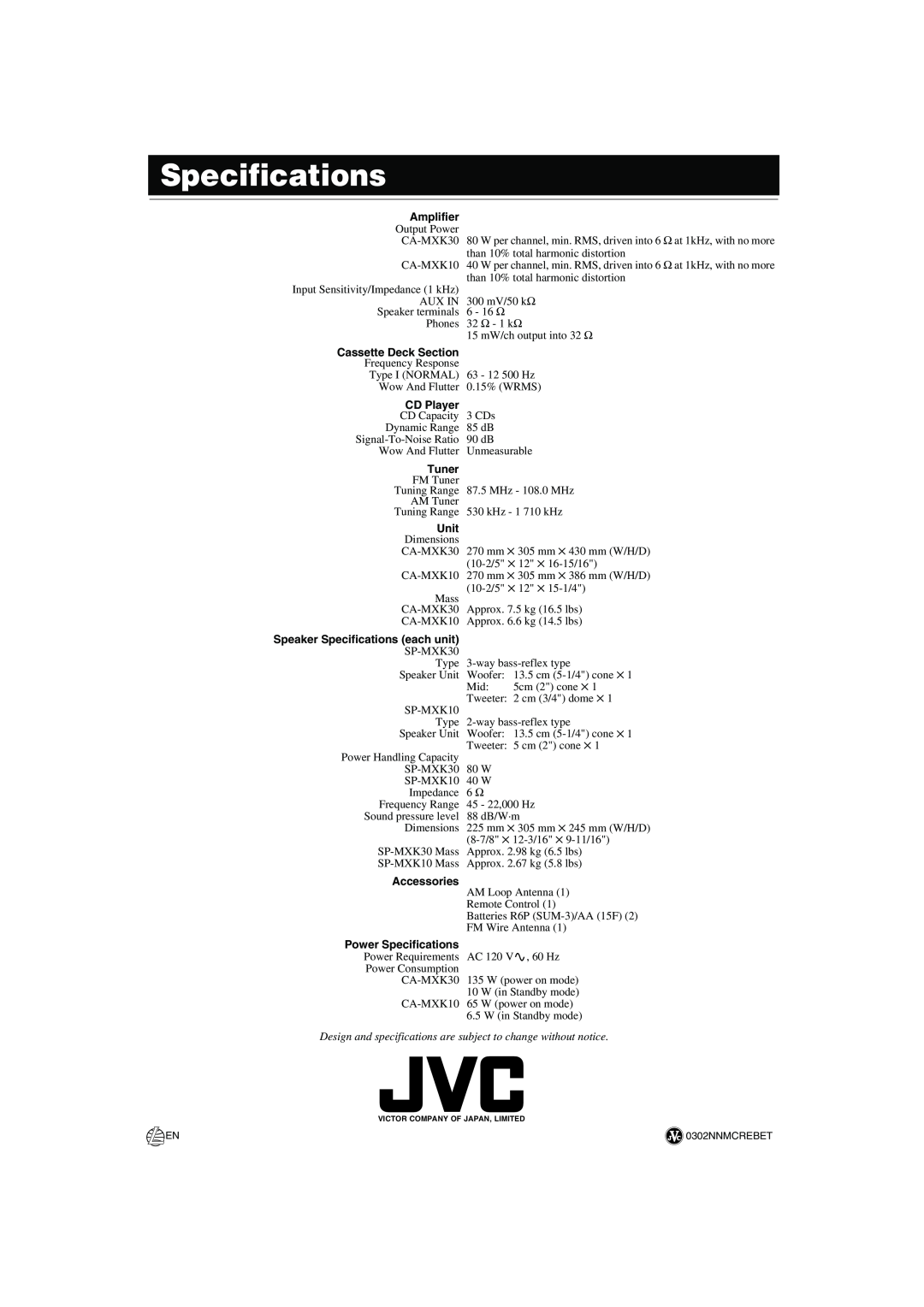 JVC MX-K30 Amplifier, Cassette Deck Section, CD Player, Tuner, Unit, Speaker Specifications each unit, Accessories 