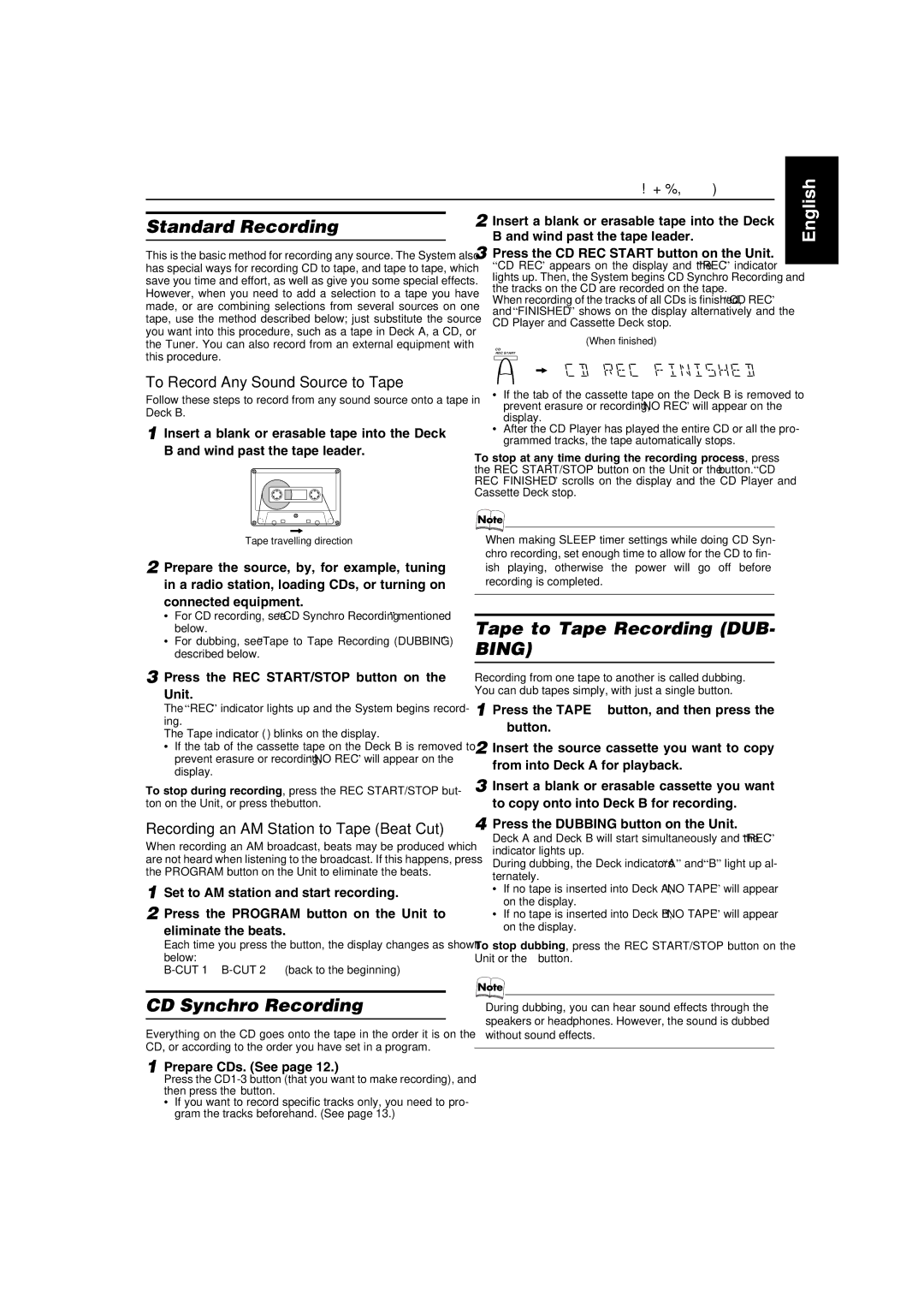 JVC MX-K350V manual Standard Recording, Tape to Tape Recording DUB- Bing, CD Synchro Recording 