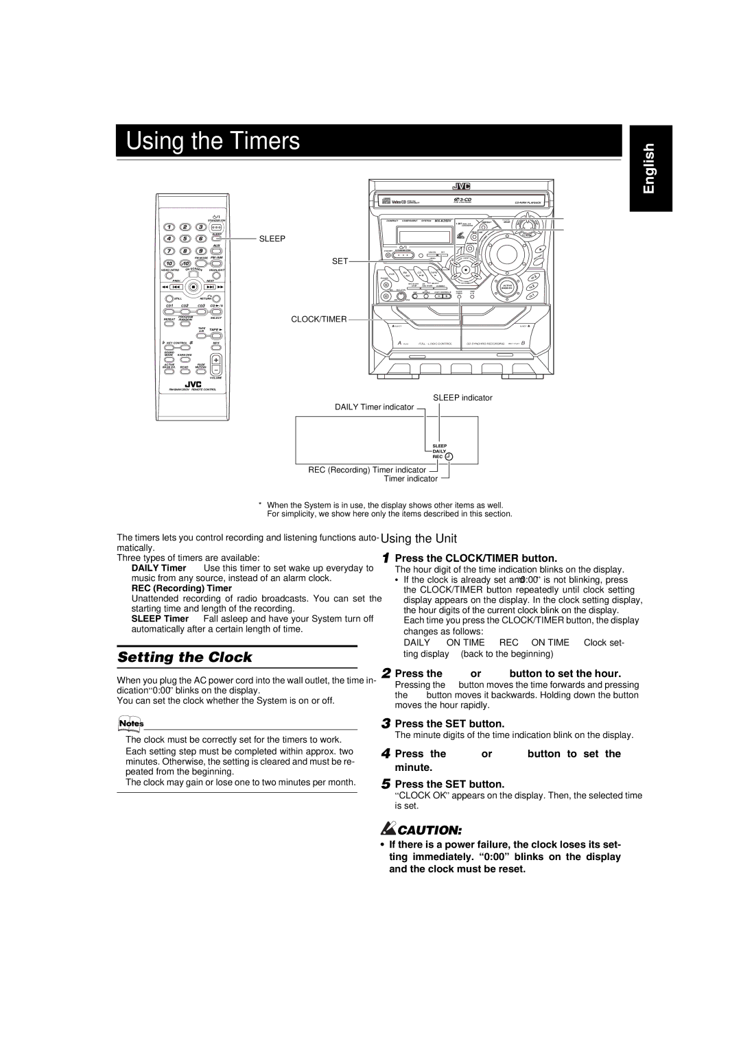 JVC MX-K350V Setting the Clock, Press the CLOCK/TIMER button, REC Recording Timer, Sleep indicator Daily Timer indicator 