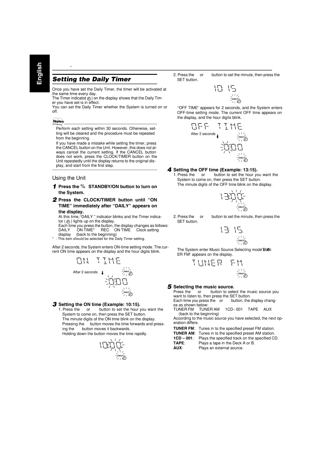 JVC MX-K350V manual Setting the Daily Timer, Setting the OFF time Example, Setting the on time Example, After 2 seconds 