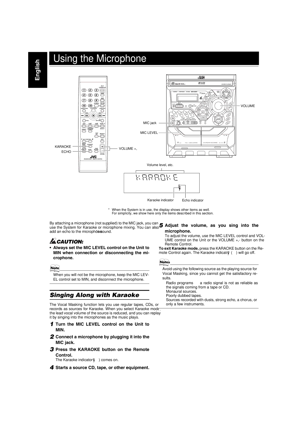 JVC MX-K350V manual Using the Microphone, Singing Along with Karaoke, MIC jack, Volume level, etc 