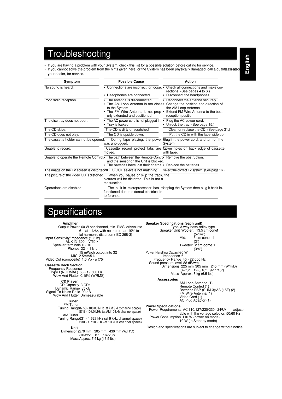 JVC MX-K350V manual Troubleshooting, Specifications 