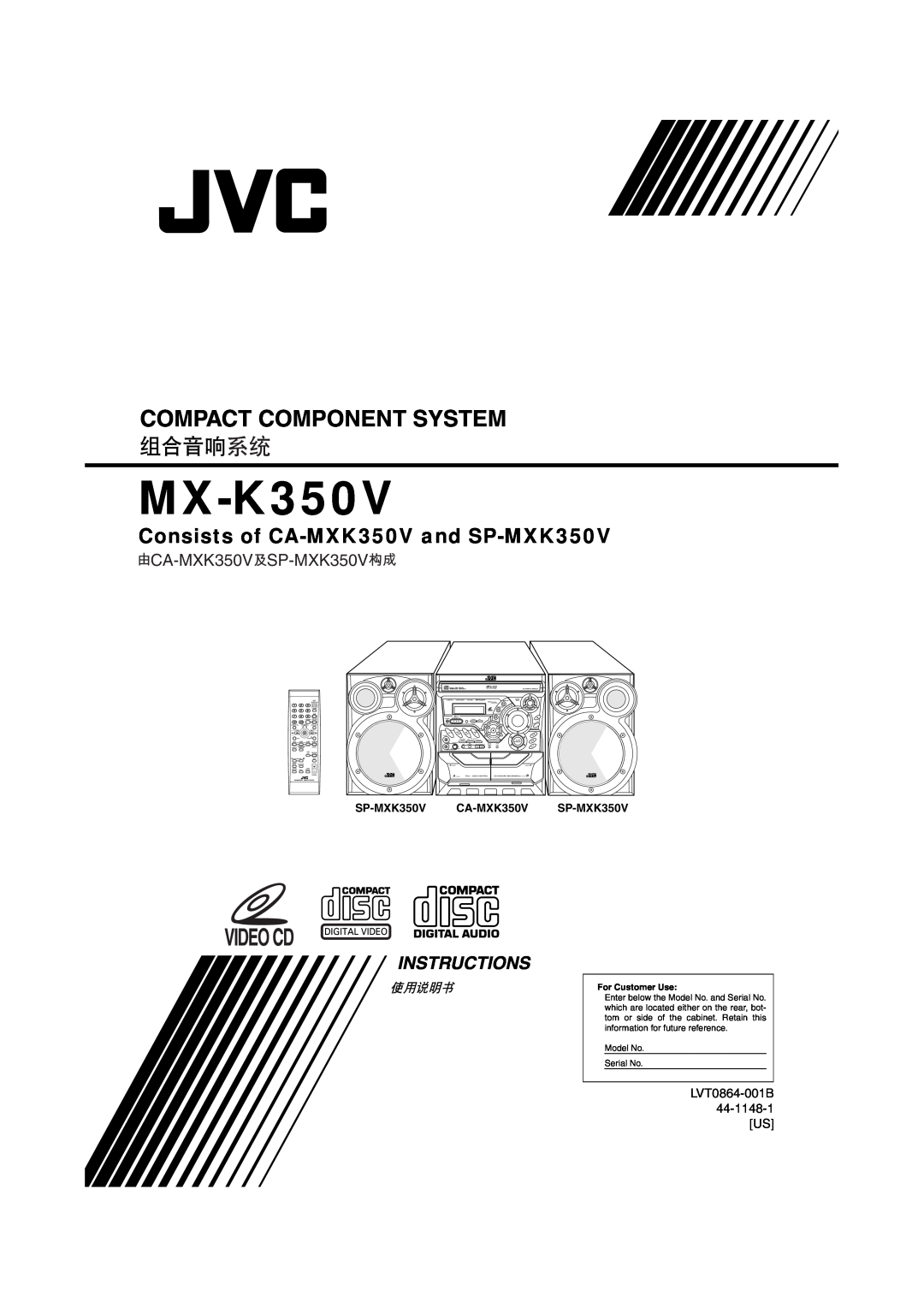 JVC MX-K350V manual Instructions, Compact Component System, Consists of CA-MXK350Vand SP-MXK350V, CA-MXK350VSP-MXK350V 