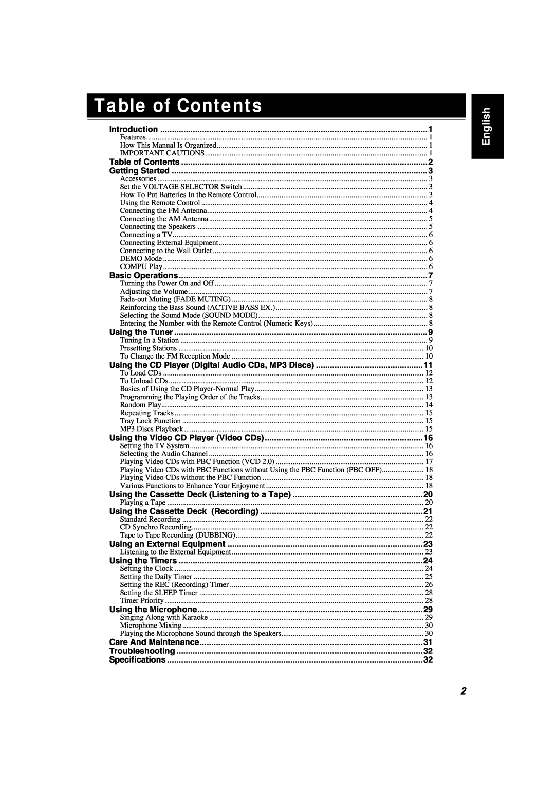 JVC MX-K350V manual Table of Contents, English 