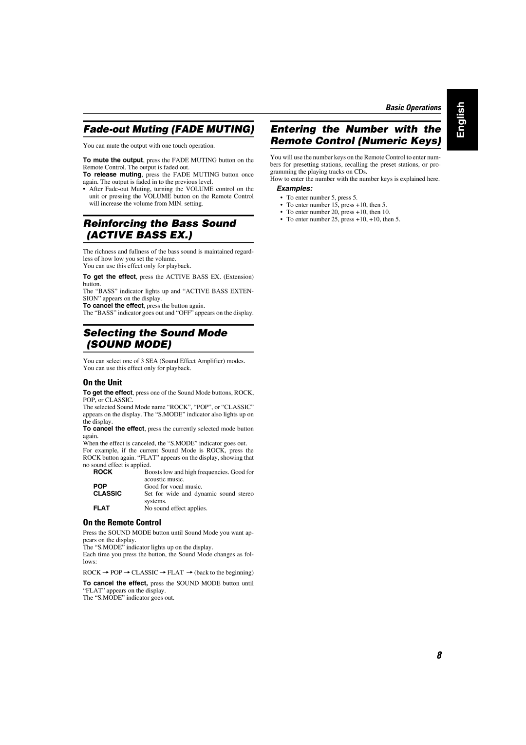 JVC MX-K35V manual Fade-out Muting Fade Muting, Reinforcing the Bass Sound Active Bass EX, Selecting the Sound Mode 