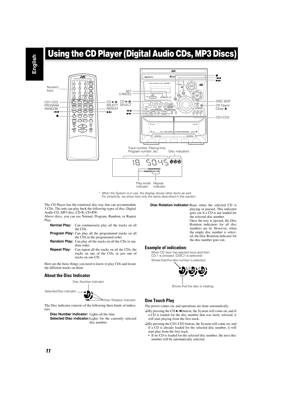 JVC MX-K35V About the Disc Indicator, Example of indication, One Touch Play, Disc Number indicator Lights all the time 