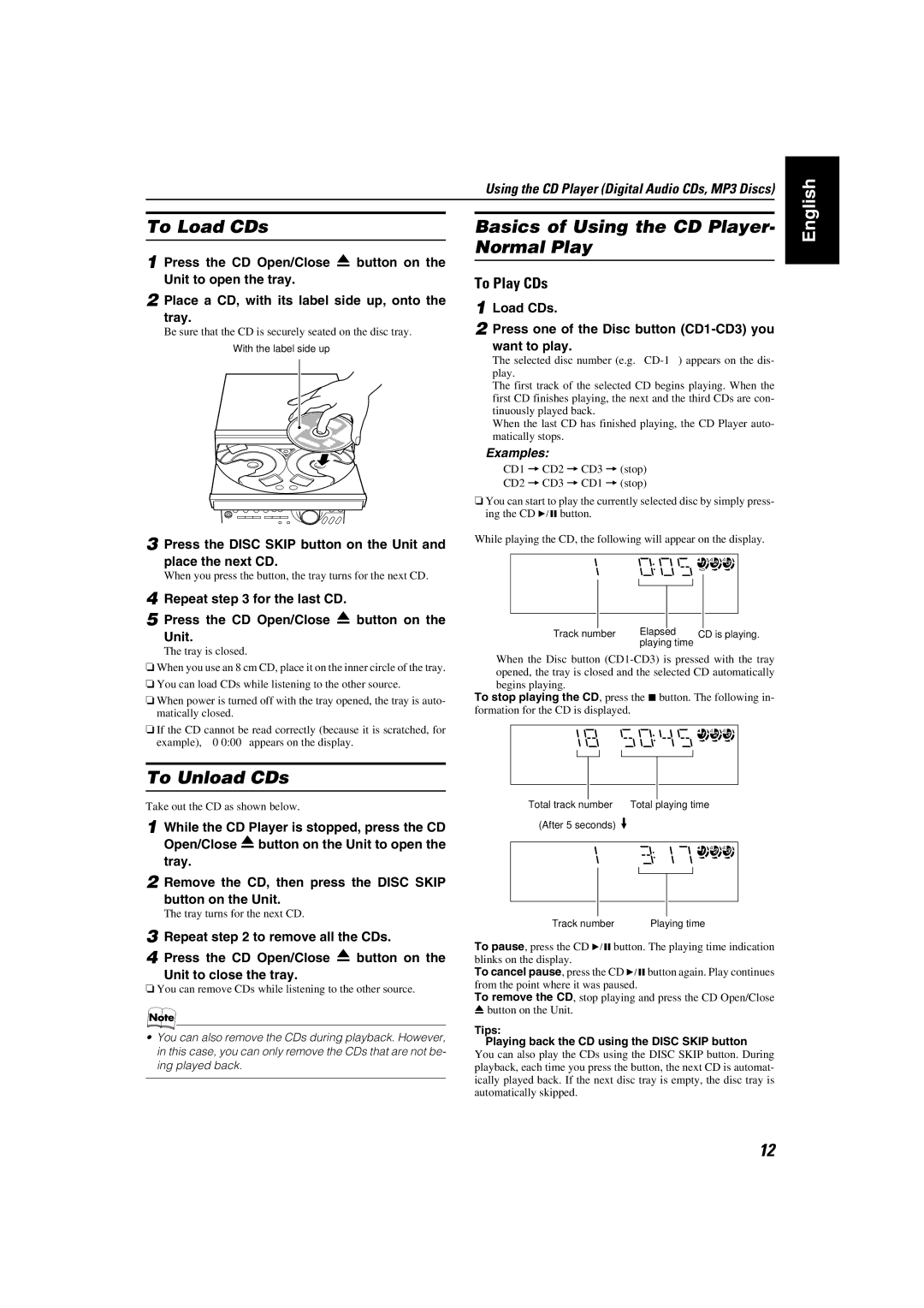 JVC MX-K35V manual To Load CDs, To Unload CDs, Basics of Using the CD Player- Normal Play, To Play CDs 