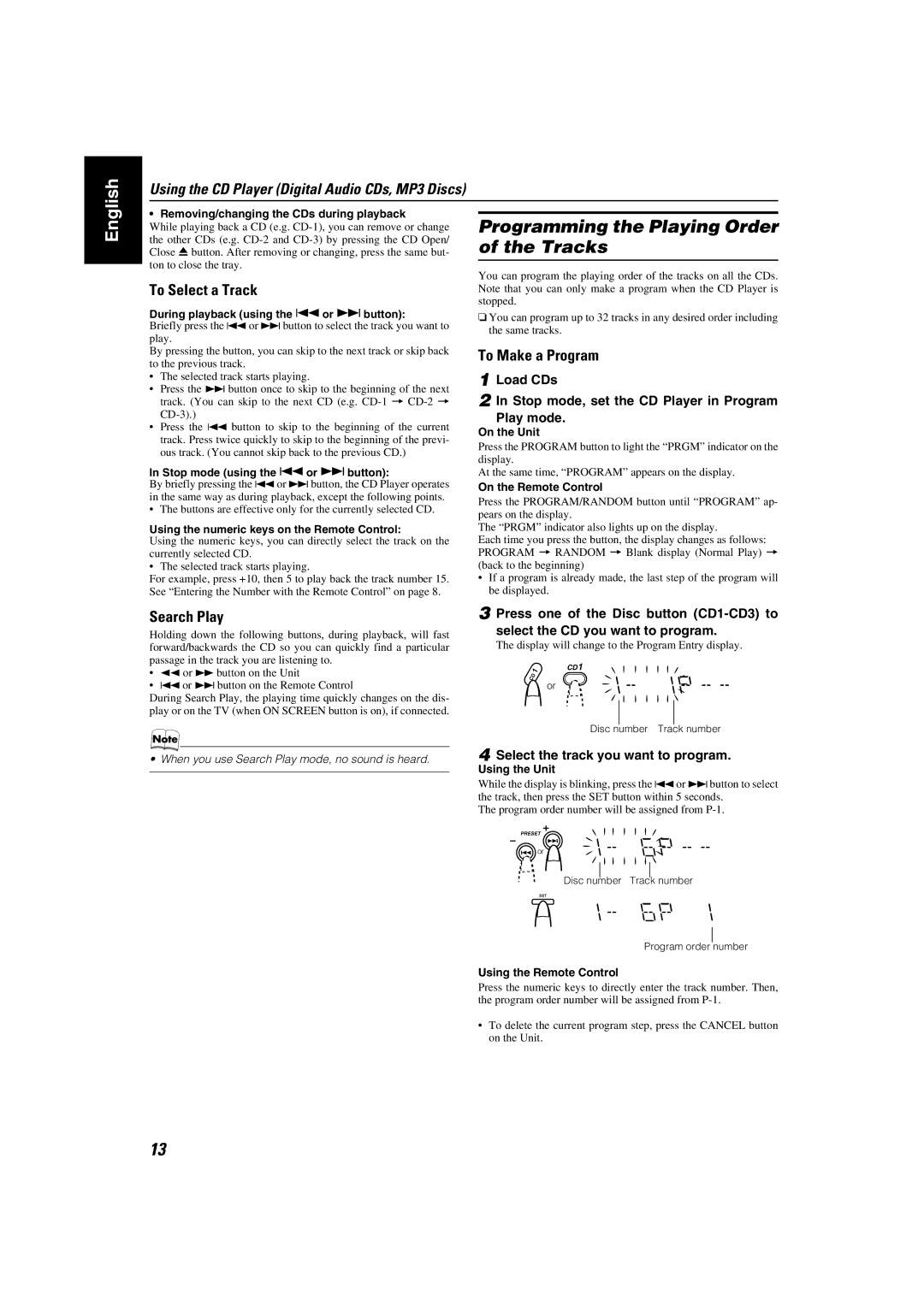 JVC MX-K35V manual Programming the Playing Order of the Tracks, To Select a Track, To Make a Program, Search Play 