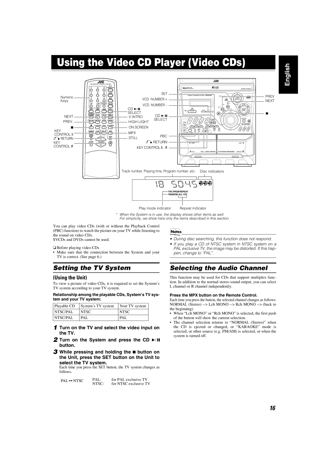 JVC MX-K35V manual Using the Video CD Player Video CDs, Setting the TV System, Selecting the Audio Channel 