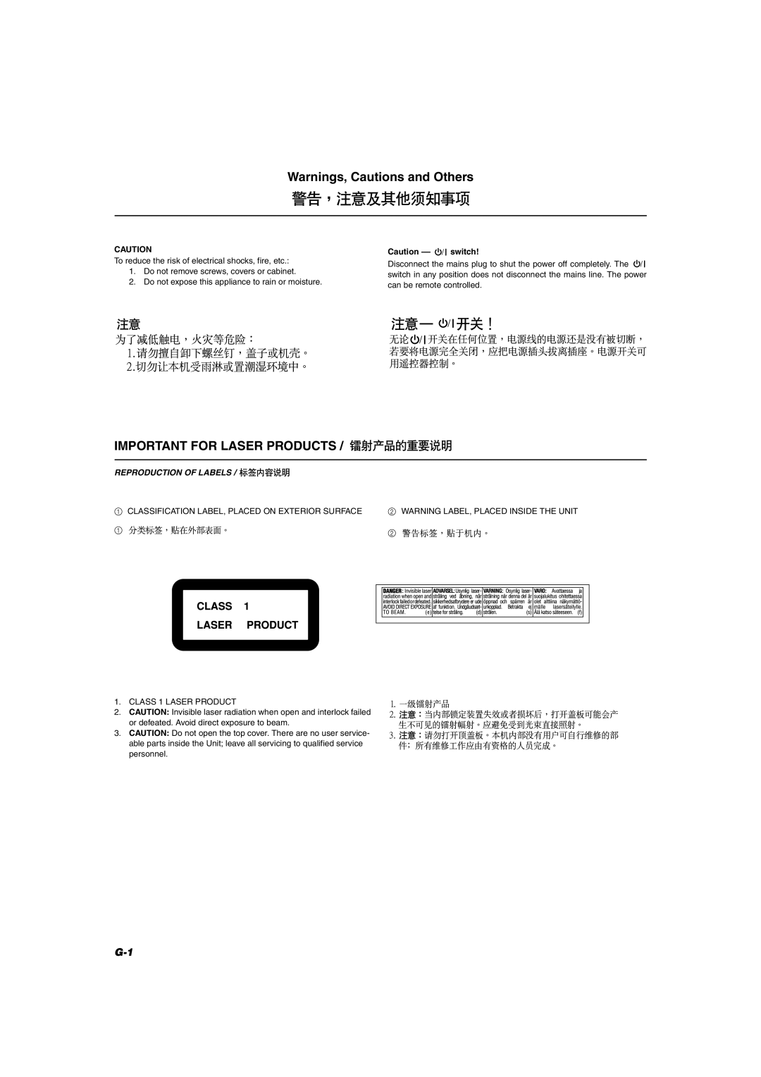 JVC MX-K35V manual Important for Laser Products, Reproduction of Labels 