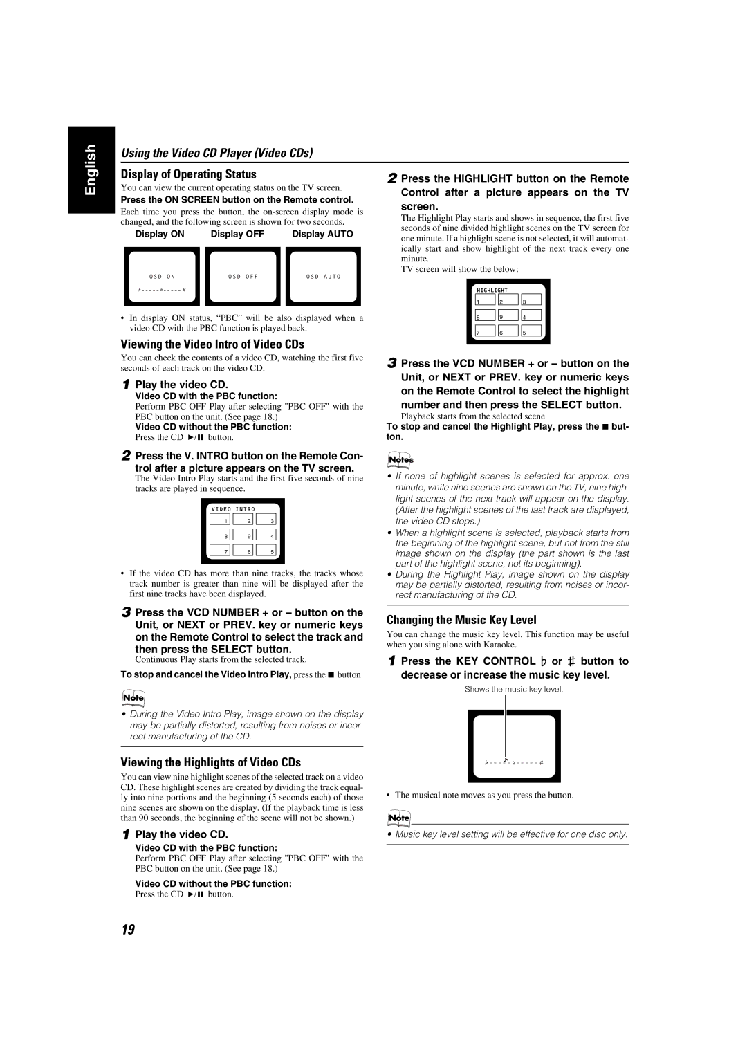 JVC MX-K35V manual Display of Operating Status, Viewing the Video Intro of Video CDs, Viewing the Highlights of Video CDs 