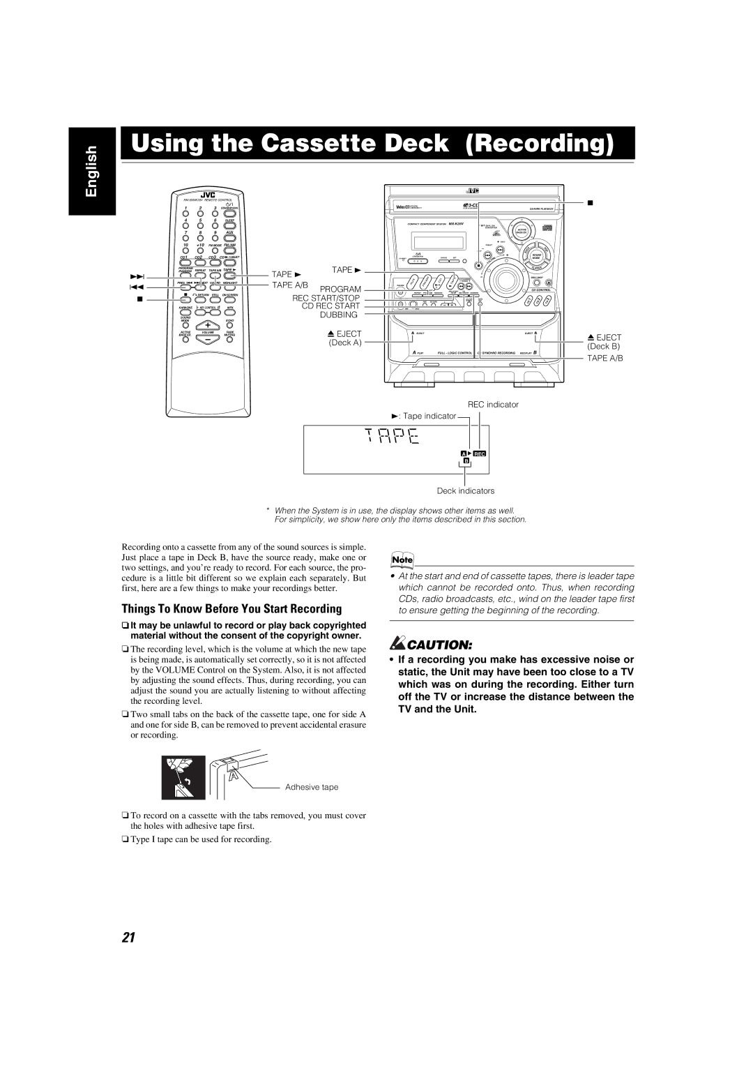 JVC MX-K35V Using the Cassette Deck Recording, Things To Know Before You Start Recording, Eject Deck B, Adhesive tape 