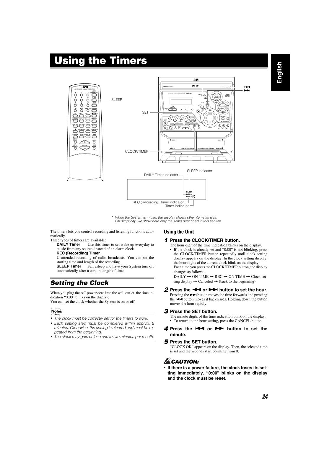 JVC MX-K35V manual Using the Timers, Setting the Clock, Press the CLOCK/TIMER button, Press the 4or ¢button to set the hour 