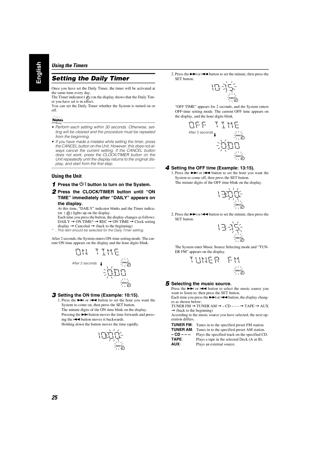 JVC MX-K35V Setting the Daily Timer, Setting the OFF time Example, Setting the on time Example, Selecting the music source 