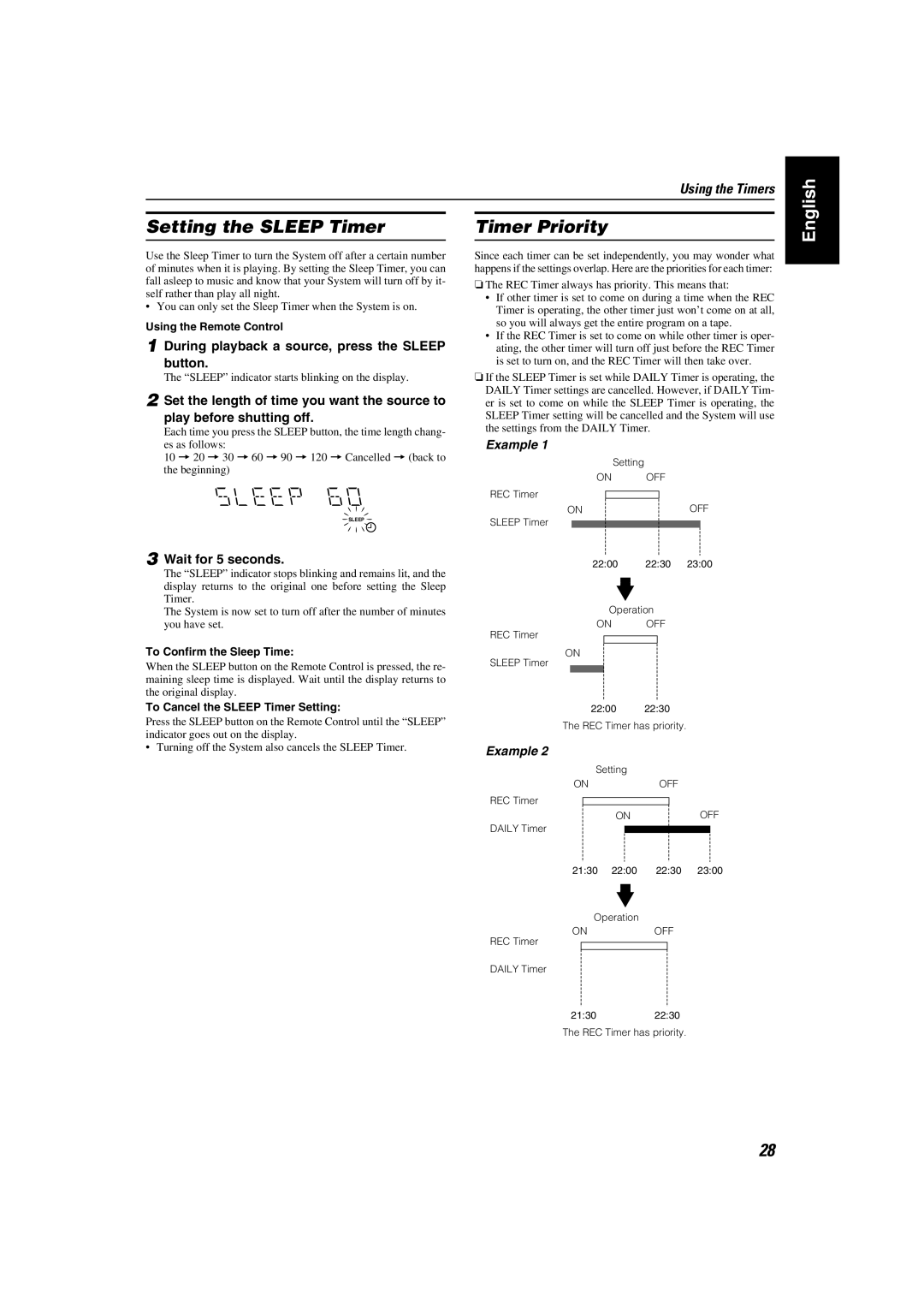 JVC MX-K35V Setting the Sleep Timer, Timer Priority, During playback a source, press the Sleep button, Wait for 5 seconds 