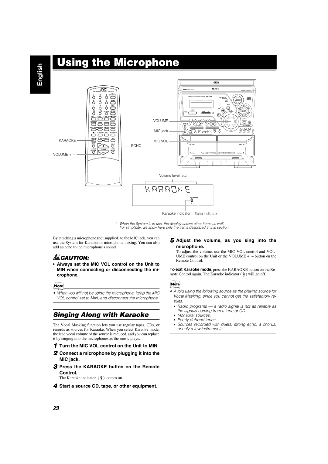 JVC MX-K35V Using the Microphone, Singing Along with Karaoke, MIC jack Press the Karaoke button on the Remote Control 