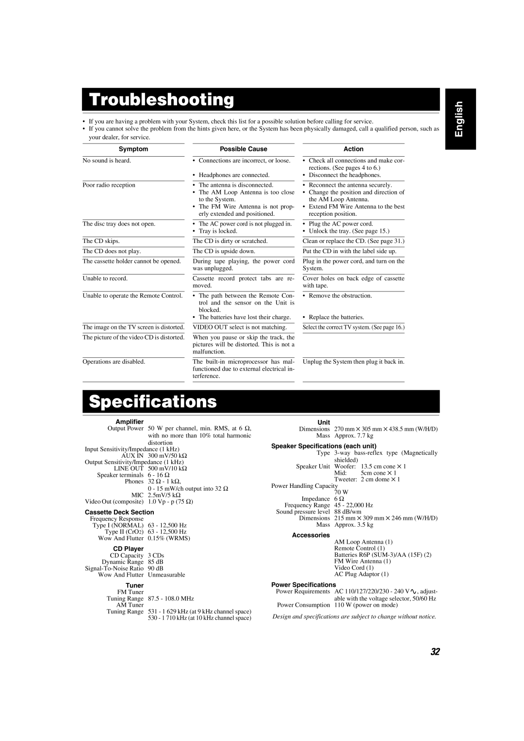 JVC MX-K35V manual Troubleshooting, Specifications 