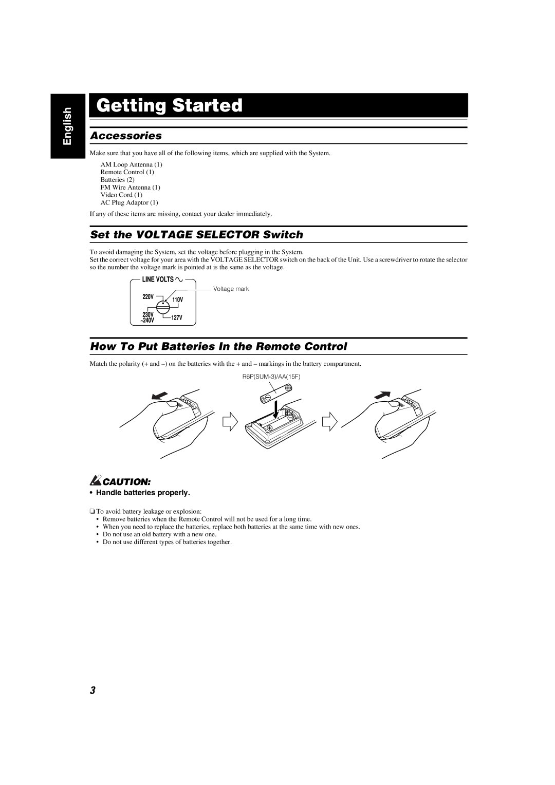 JVC MX-K35V Getting Started, Accessories, Set the Voltage Selector Switch, How To Put Batteries In the Remote Control 