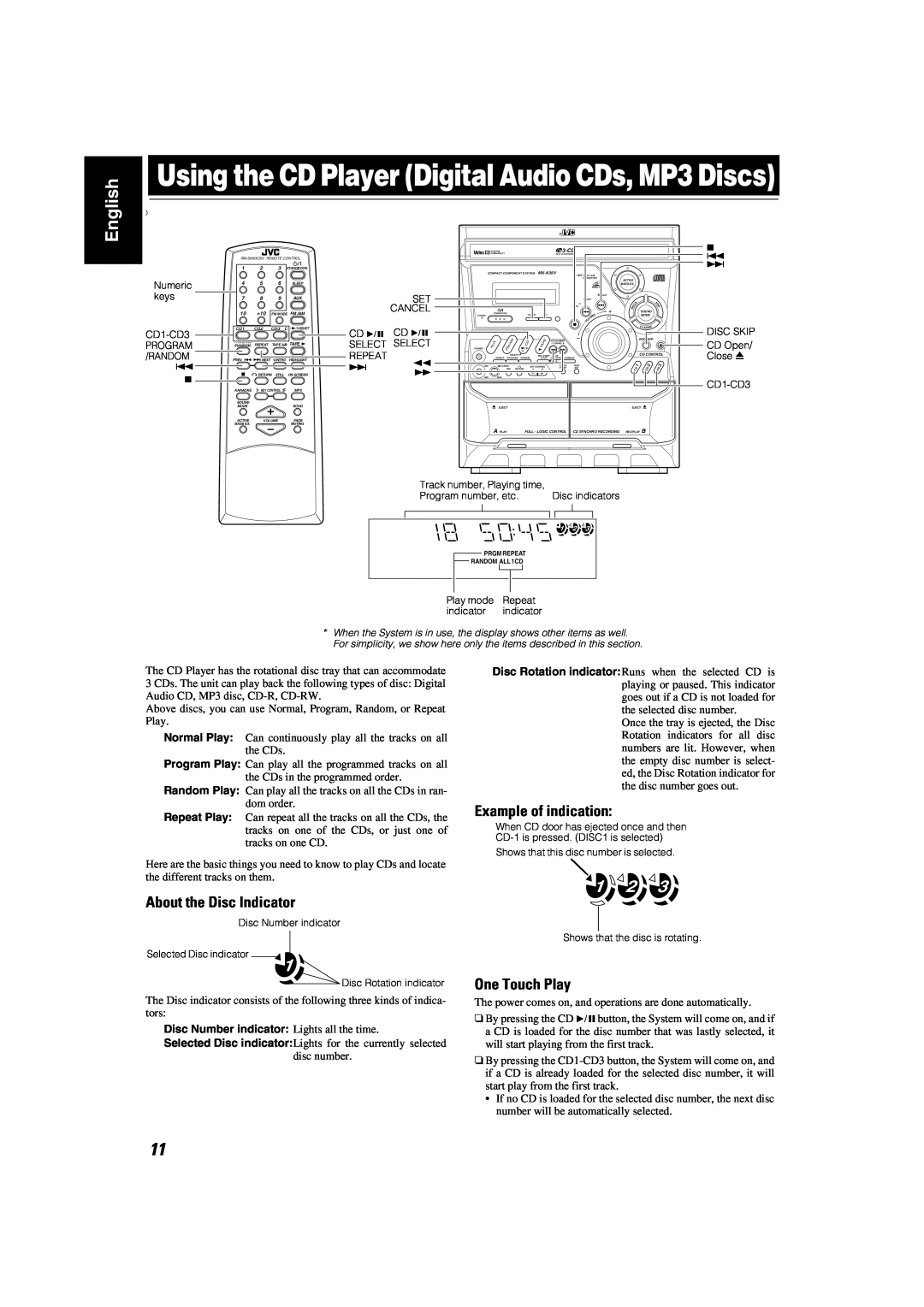 JVC MX-K35V manual About the Disc Indicator, Example of indication, One Touch Play, English 