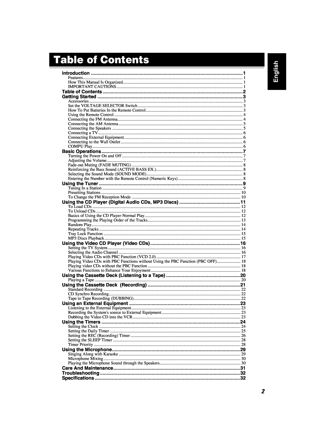 JVC MX-K35V manual Table of Contents, English 