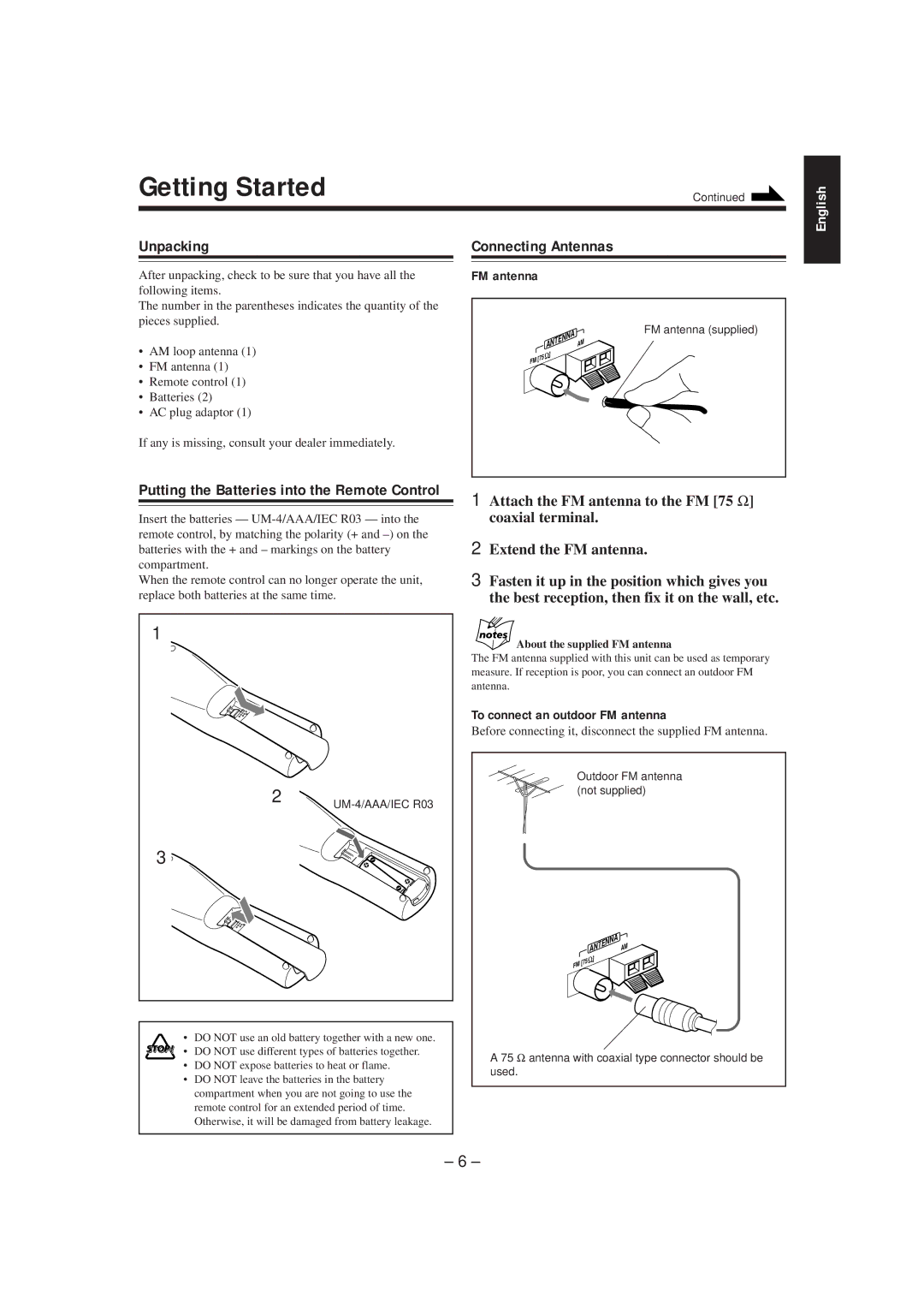 JVC MX-K5 manual Getting Started, Unpacking, Connecting Antennas, To connect an outdoor FM antenna 