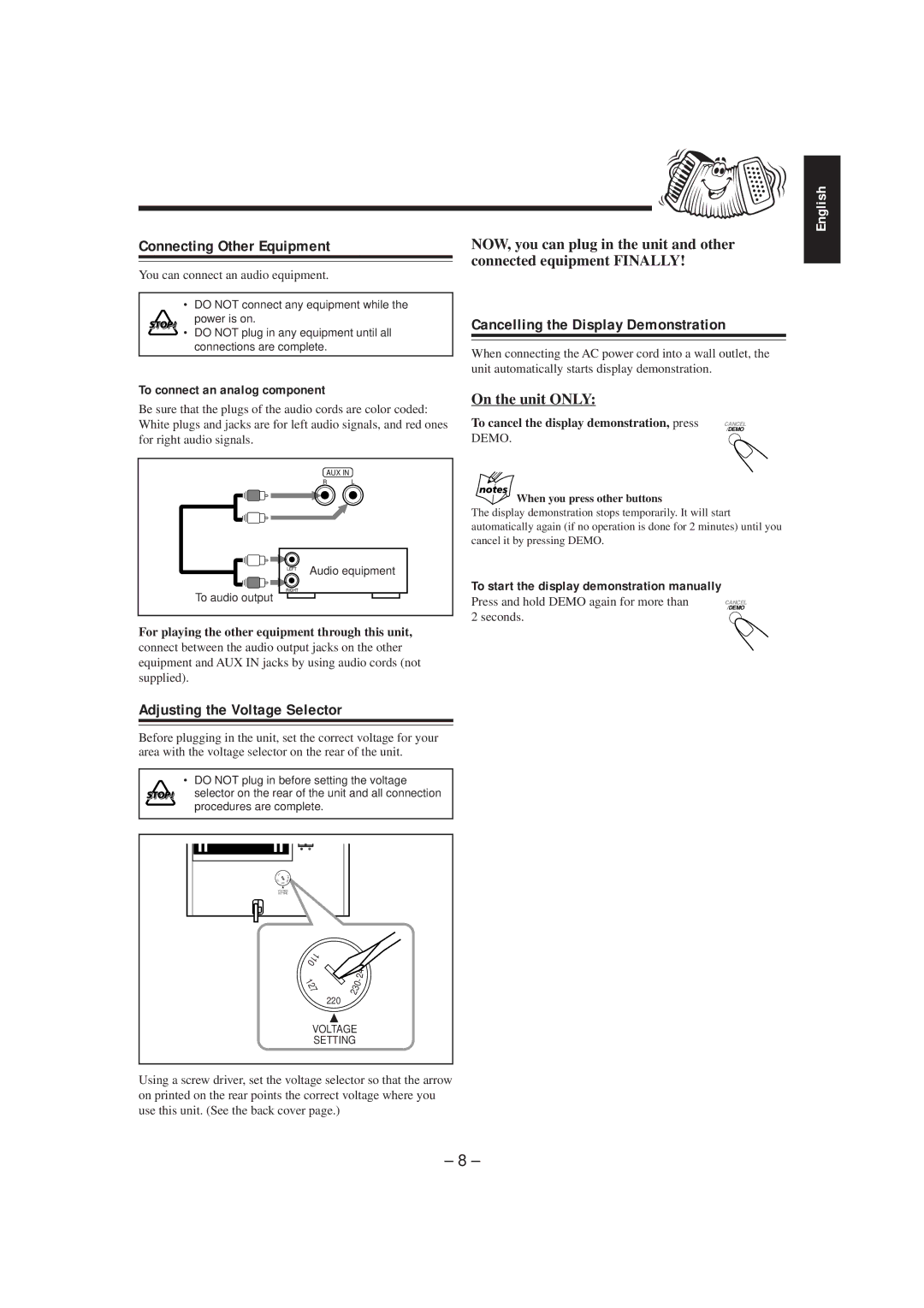 JVC MX-K5 manual Connecting Other Equipment, Adjusting the Voltage Selector, Cancelling the Display Demonstration 