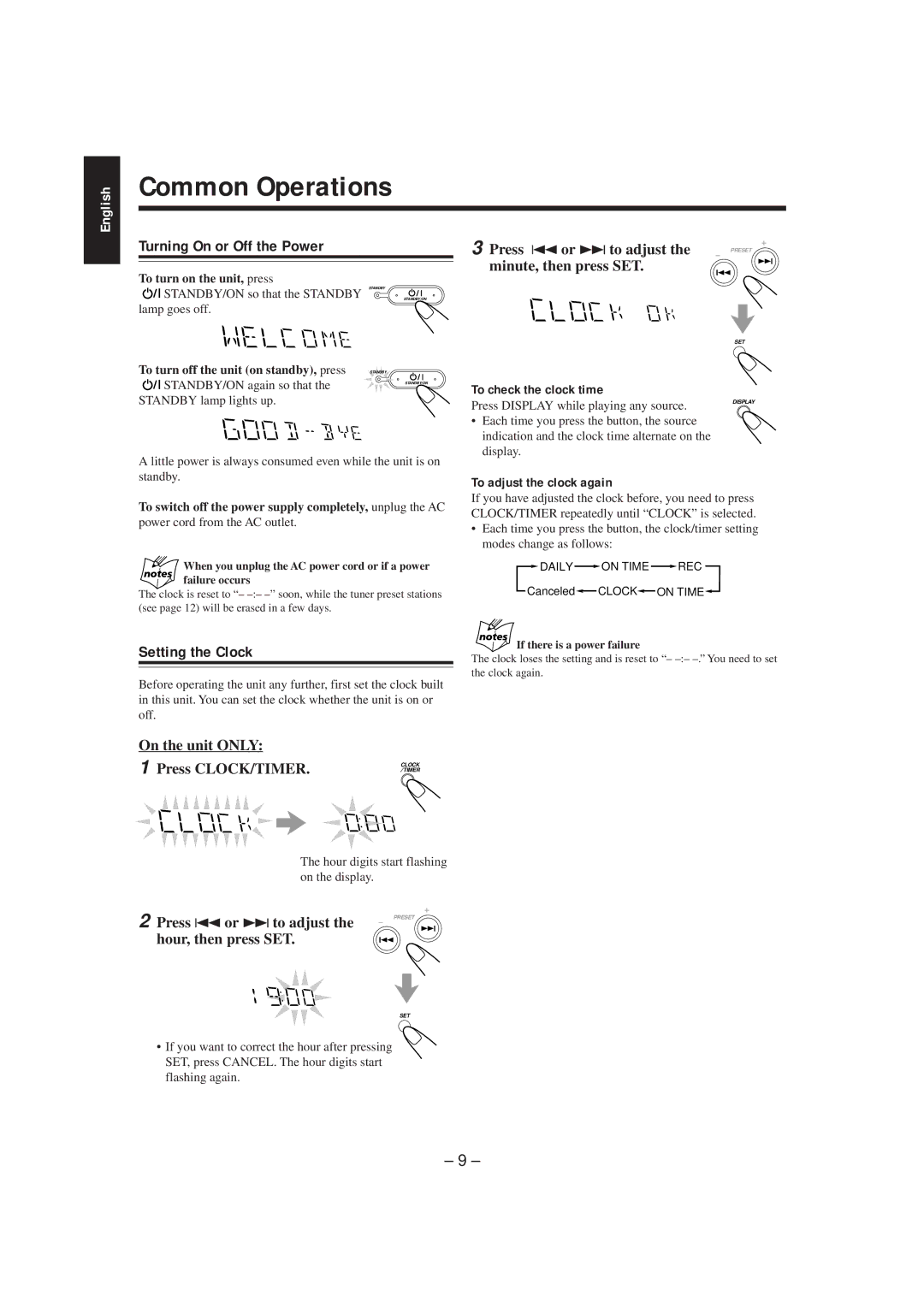 JVC MX-K5 manual Common Operations, Turning On or Off the Power, Setting the Clock, Press CLOCK/TIMER 