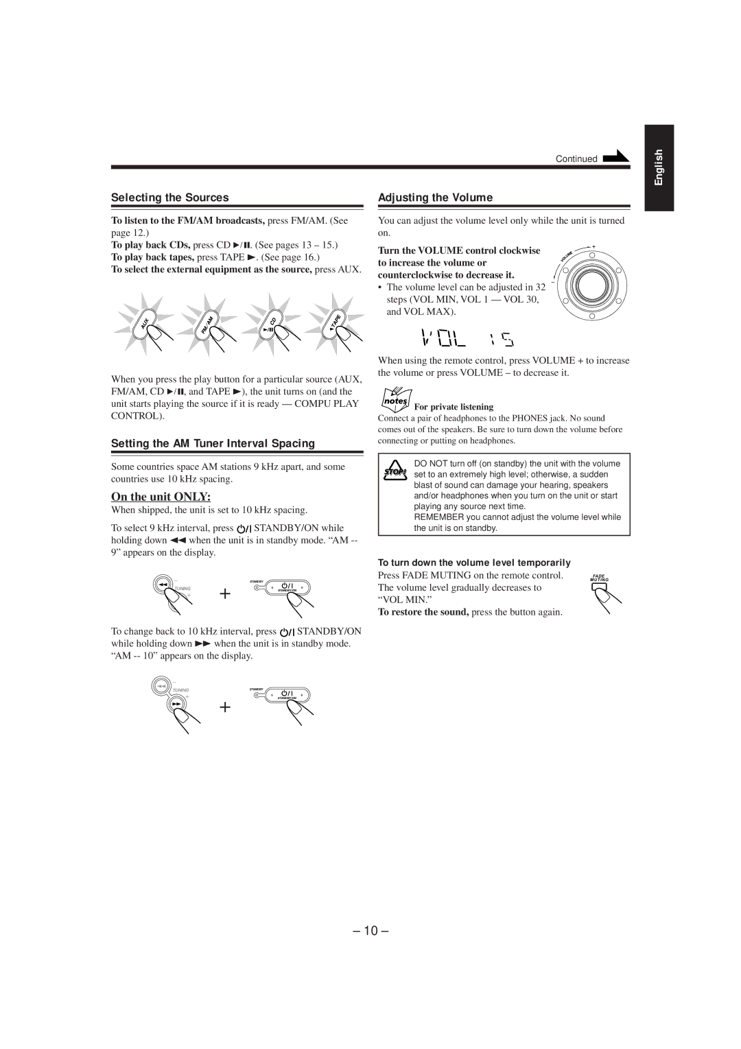 JVC MX-K5 manual Selecting the Sources, Adjusting the Volume, Setting the AM Tuner Interval Spacing 