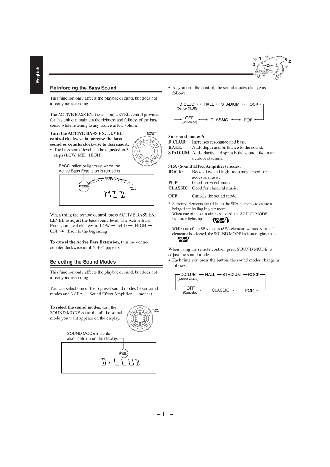 JVC MX-K5 manual Reinforcing the Bass Sound, Selecting the Sound Modes 