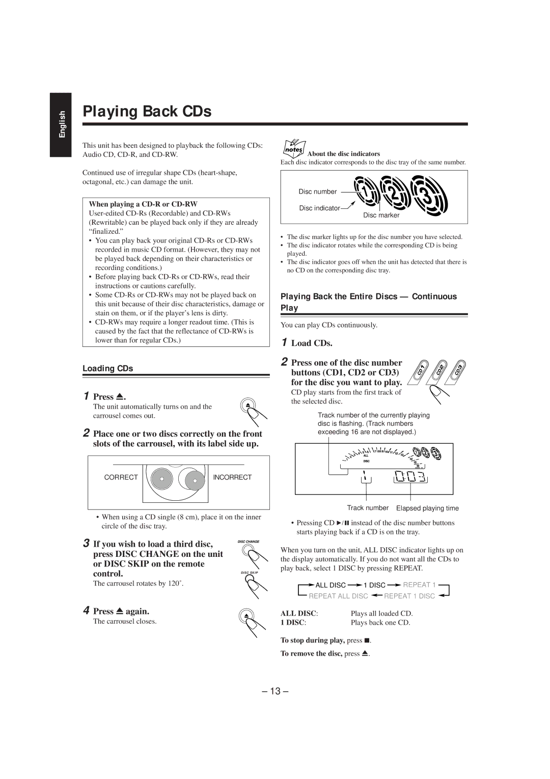 JVC MX-K5 manual Playing Back CDs, Loading CDs, Playing Back the Entire Discs Continuous Play, Press 0again 