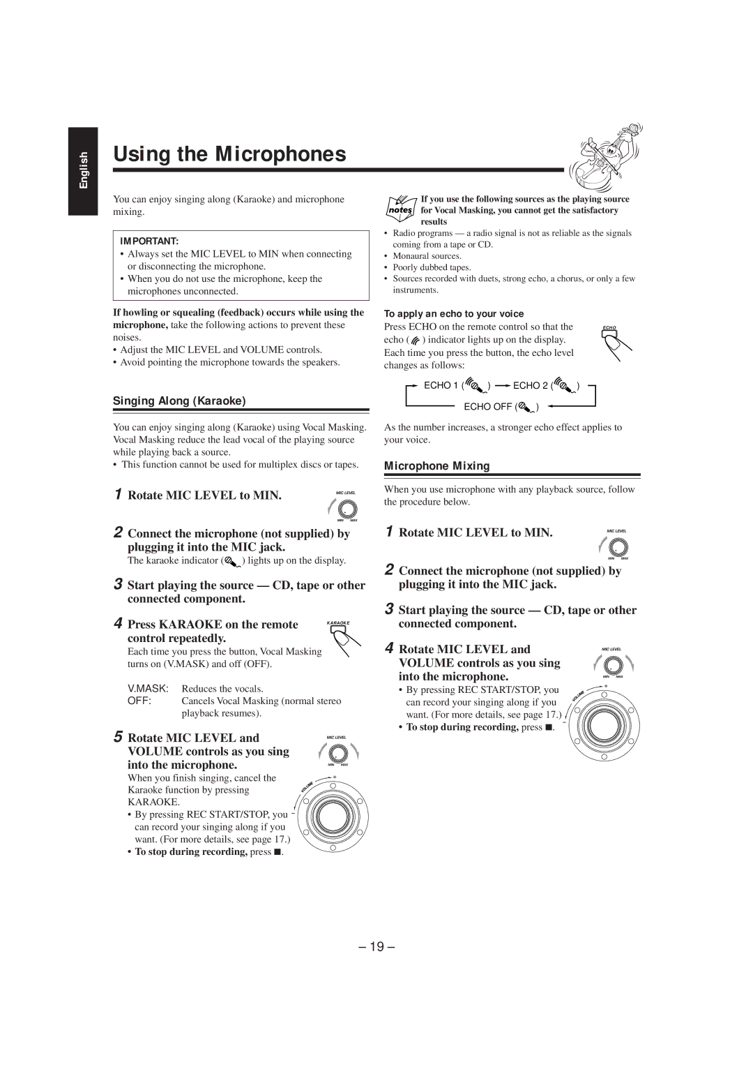 JVC MX-K5 manual Using the Microphones, Singing Along Karaoke, Microphone Mixing, To apply an echo to your voice 