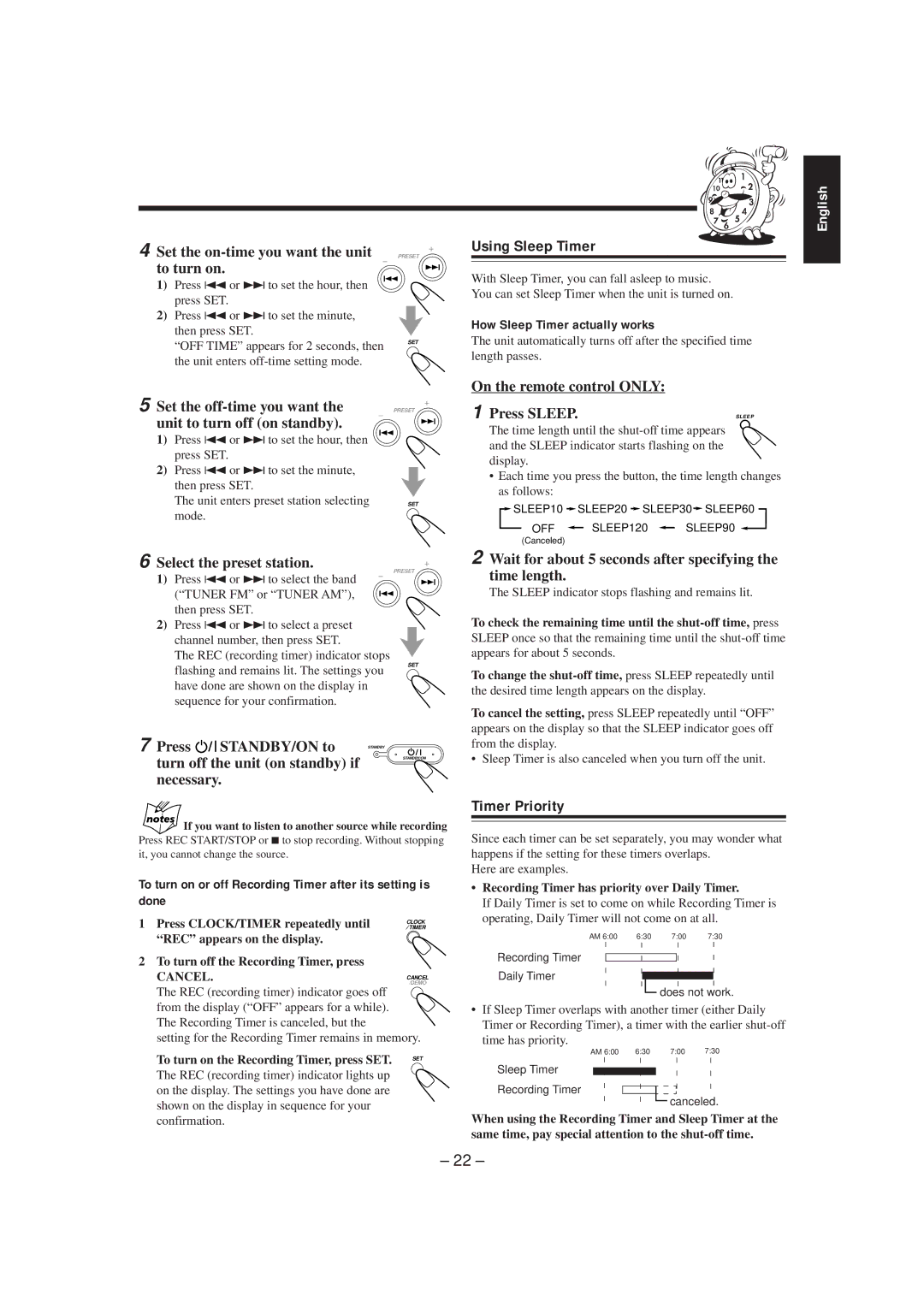 JVC MX-K5 manual Using Sleep Timer, Timer Priority, On the remote control only Press Sleep 