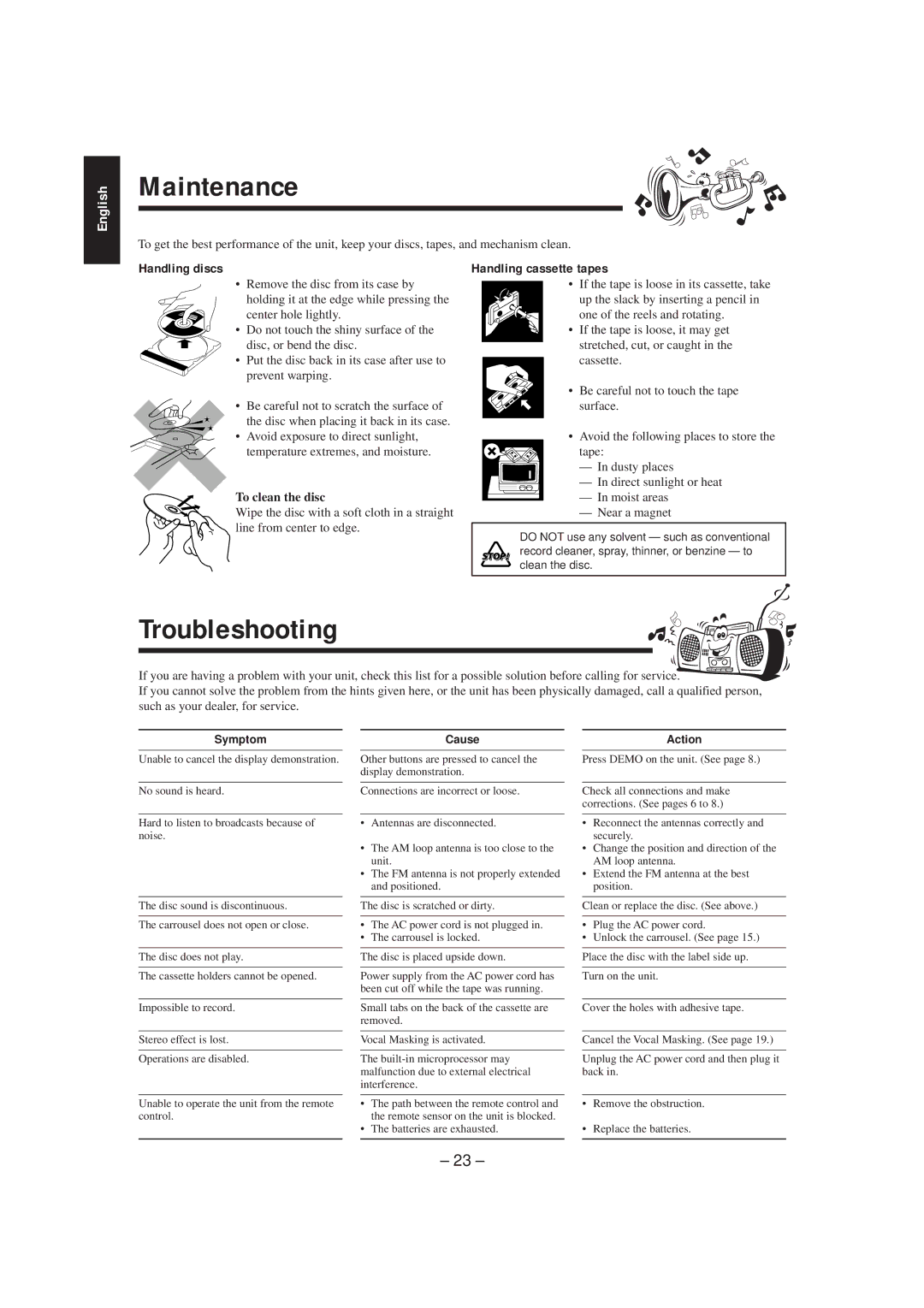 JVC MX-K5 manual Maintenance, Troubleshooting, Handling discs, Handling cassette tapes, To clean the disc 