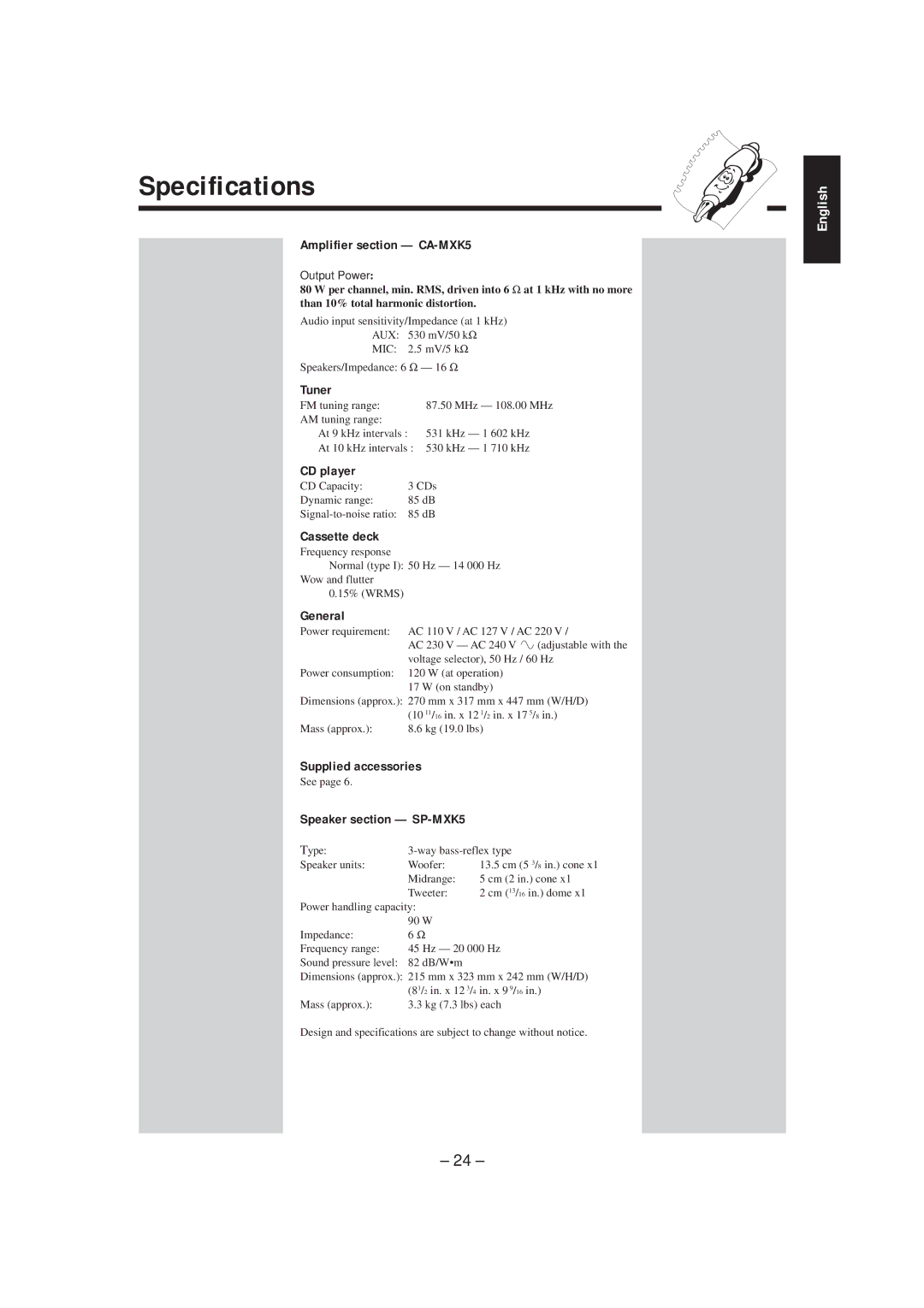 JVC MX-K5 manual Specifications 