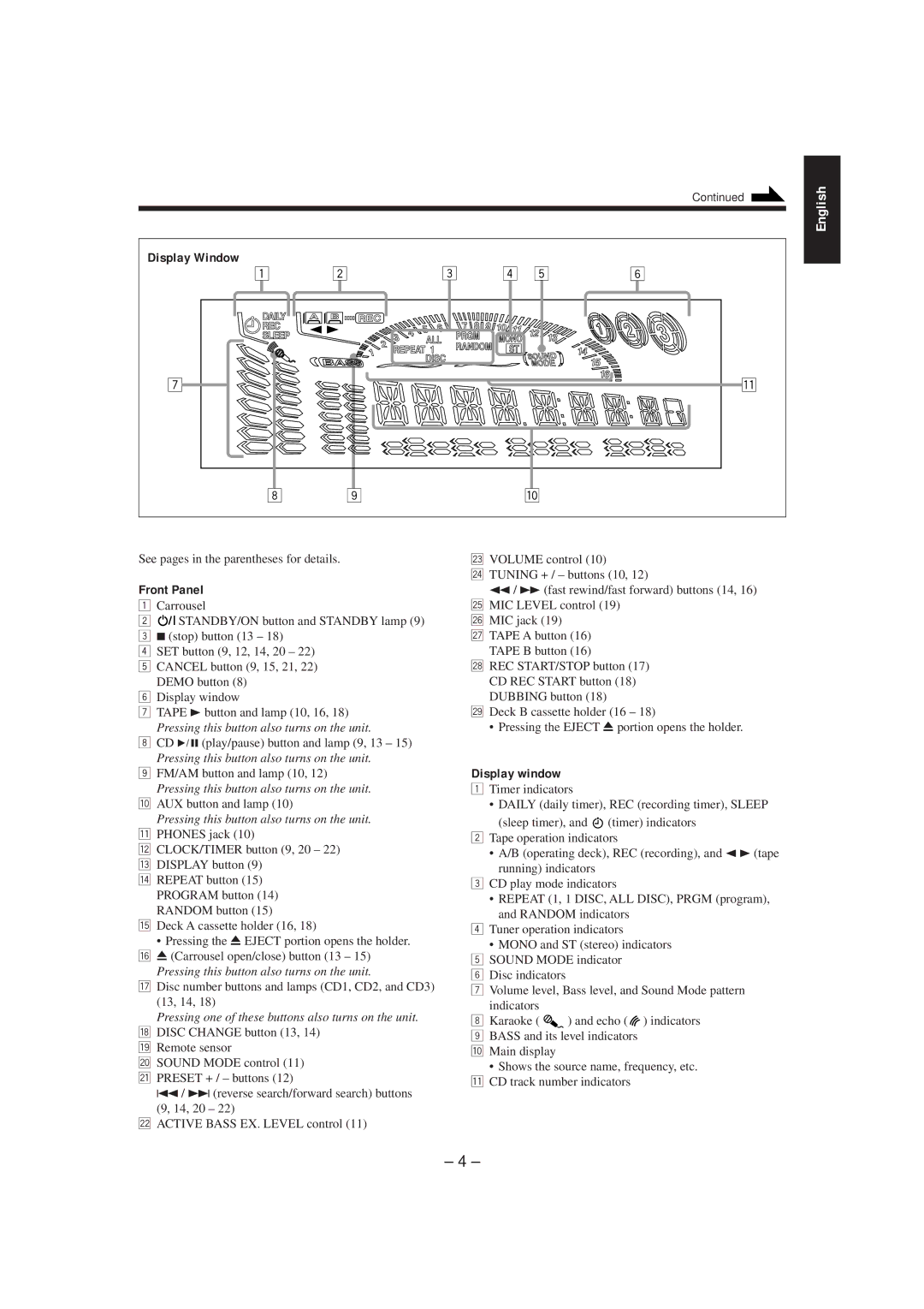 JVC MX-K5 manual Front Panel, Display window, See pages in the parentheses for details 