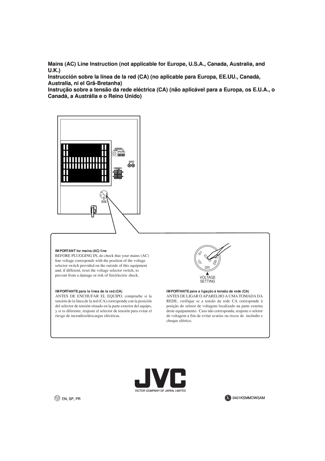 JVC MX-K5 manual IMPORTANT for mains AC line, IMPORTANTE para la línea de la red CA, Voltage Setting, En, Sp, Pr 