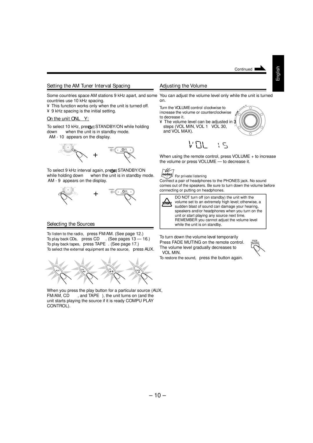 JVC SP-MXK50, MX-K50 manual Setting the AM Tuner Interval Spacing Adjusting the Volume, Selecting the Sources 