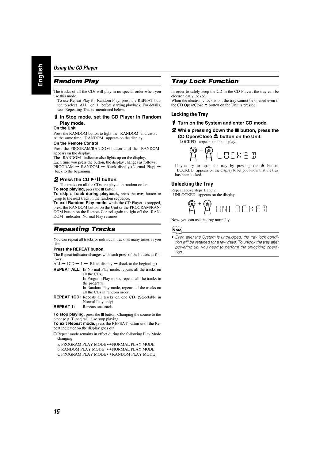 JVC MX-KA5JW manual Random Play Tray Lock Function, Repeating Tracks, Locking the Tray, Unlocking the Tray 