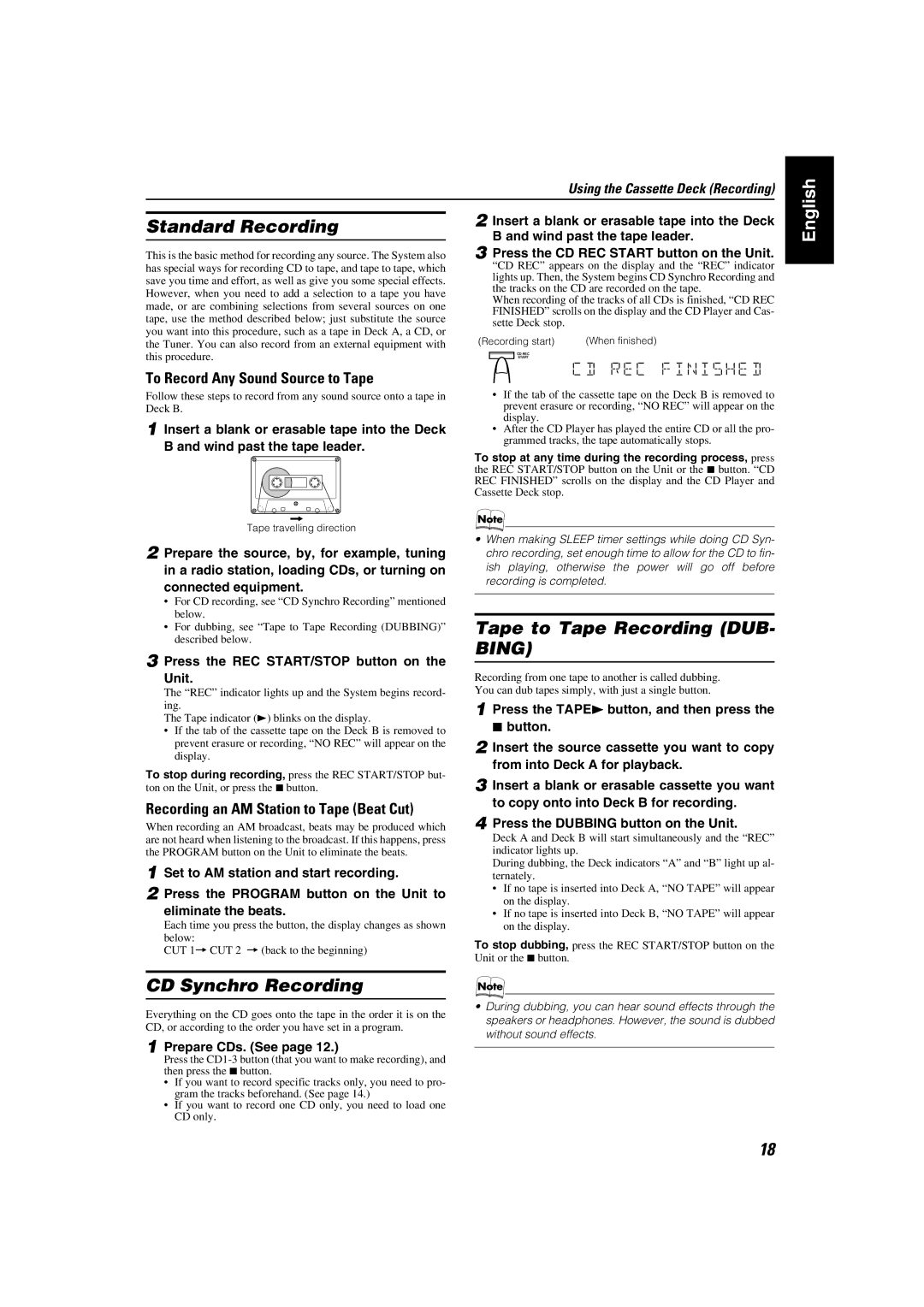 JVC MX-KA5JW manual Standard Recording, Tape to Tape Recording DUB- Bing, CD Synchro Recording 