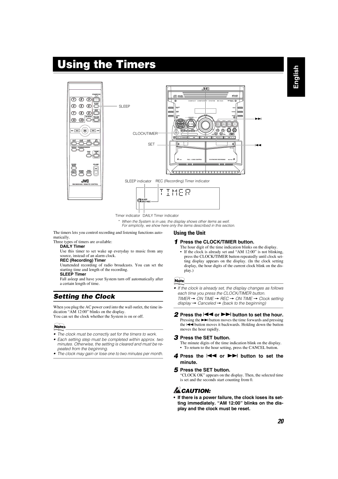 JVC MX-KA5JW Using the Timers, Setting the Clock, Press the CLOCK/TIMER button, Press the 4or ¢button to set the hour 