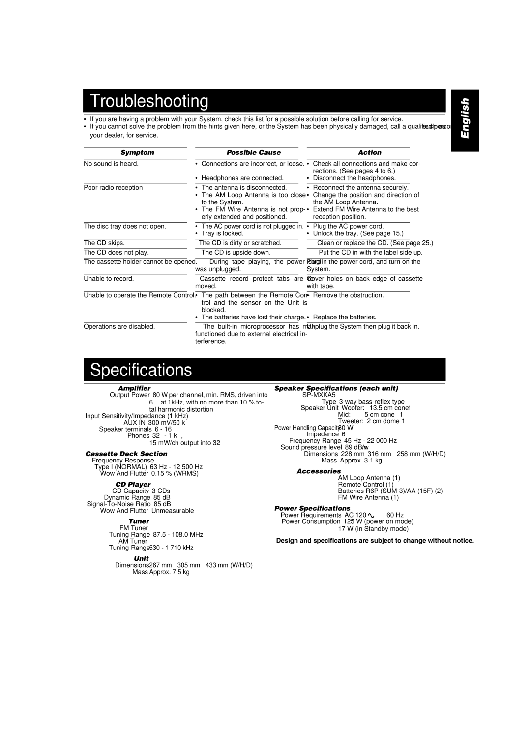 JVC MX-KA5JW manual Troubleshooting, Specifications 